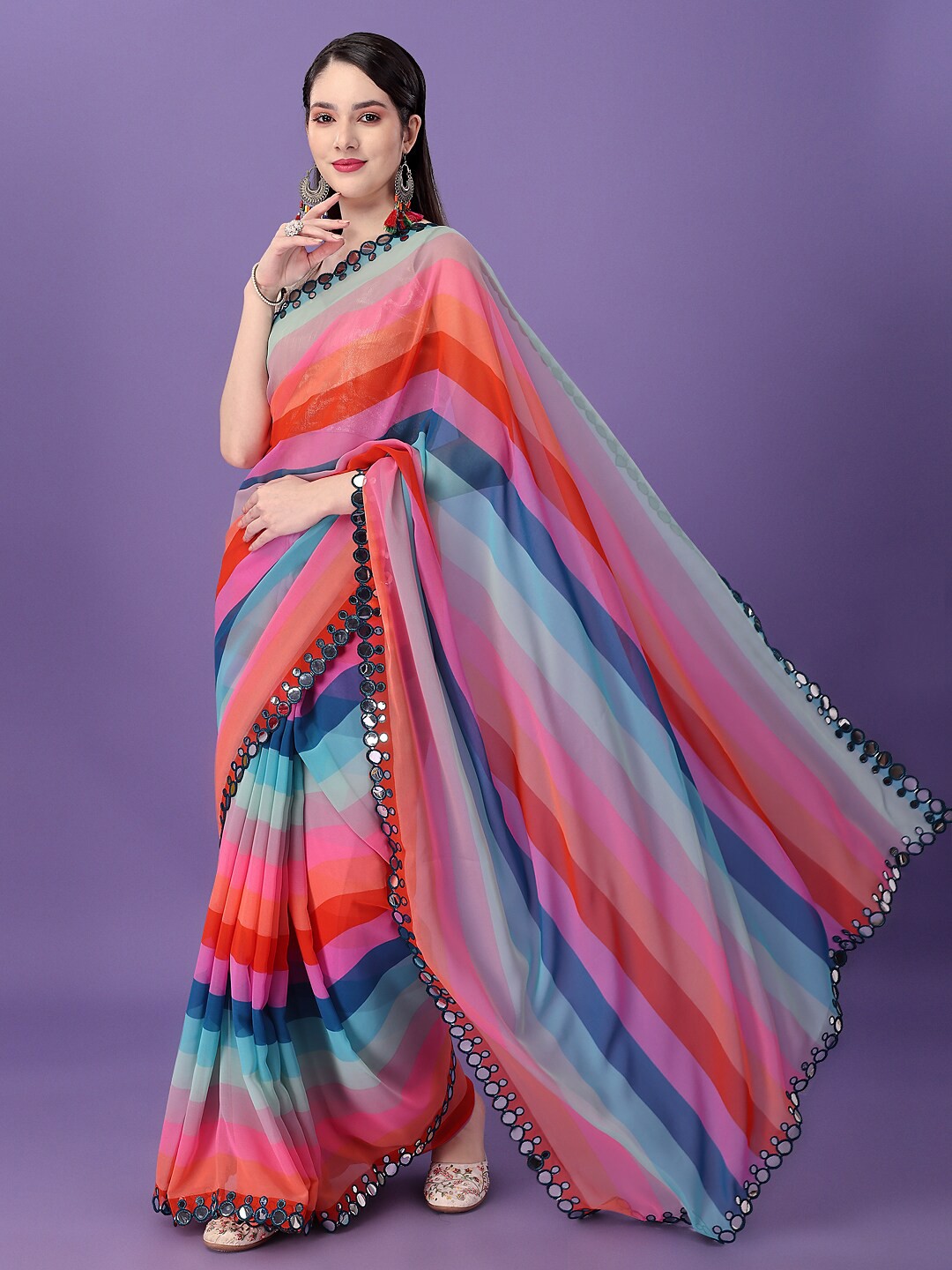 

CLEMIRA Leheriya Printed Mirror Work Satin Saree, Orange
