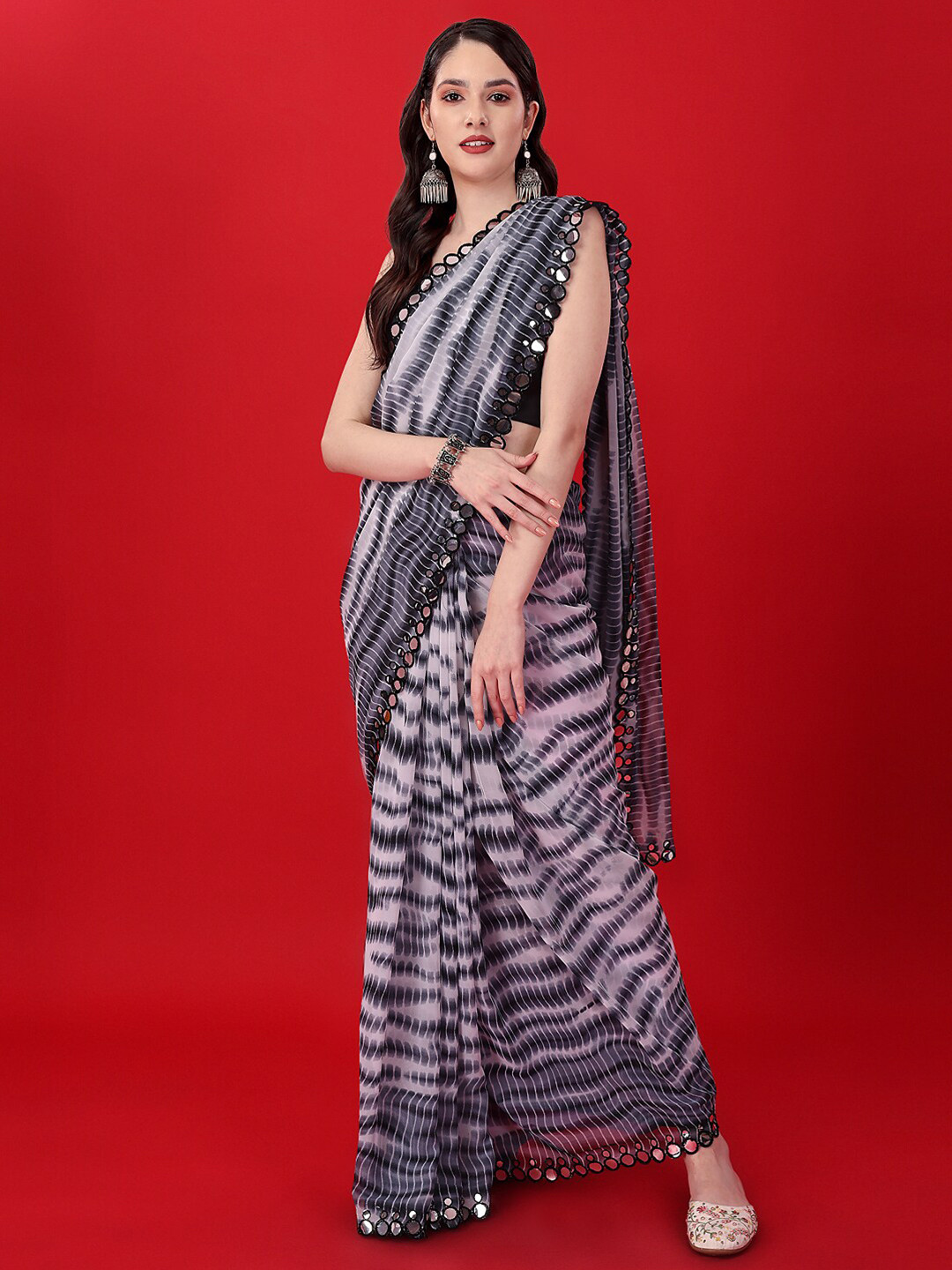 

CLEMIRA Tie and Dyed Mirror Work Satin Leheriya Saree, Black