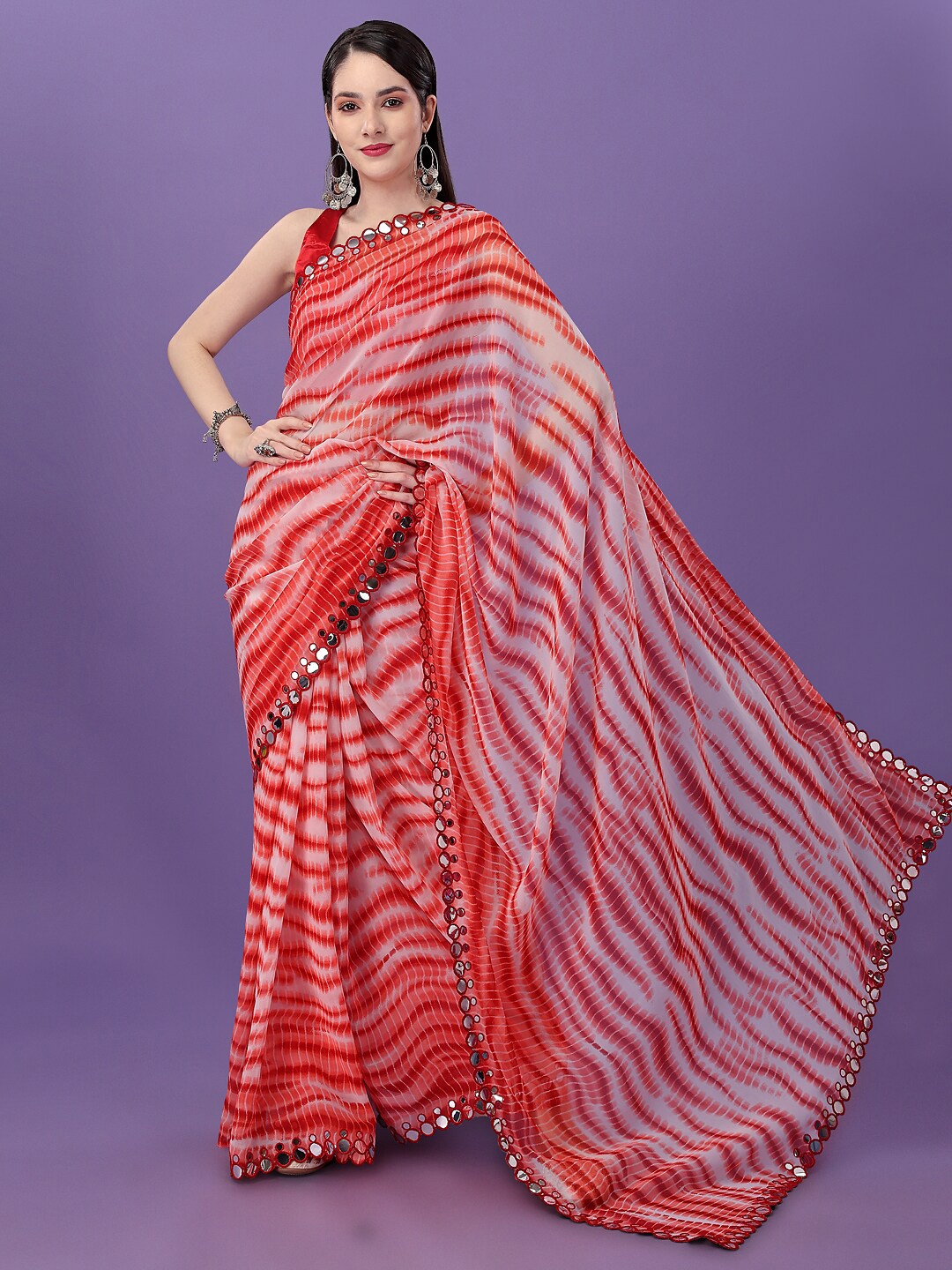 

CLEMIRA Printed Mirror Work Satin Leheriya Saree, Red