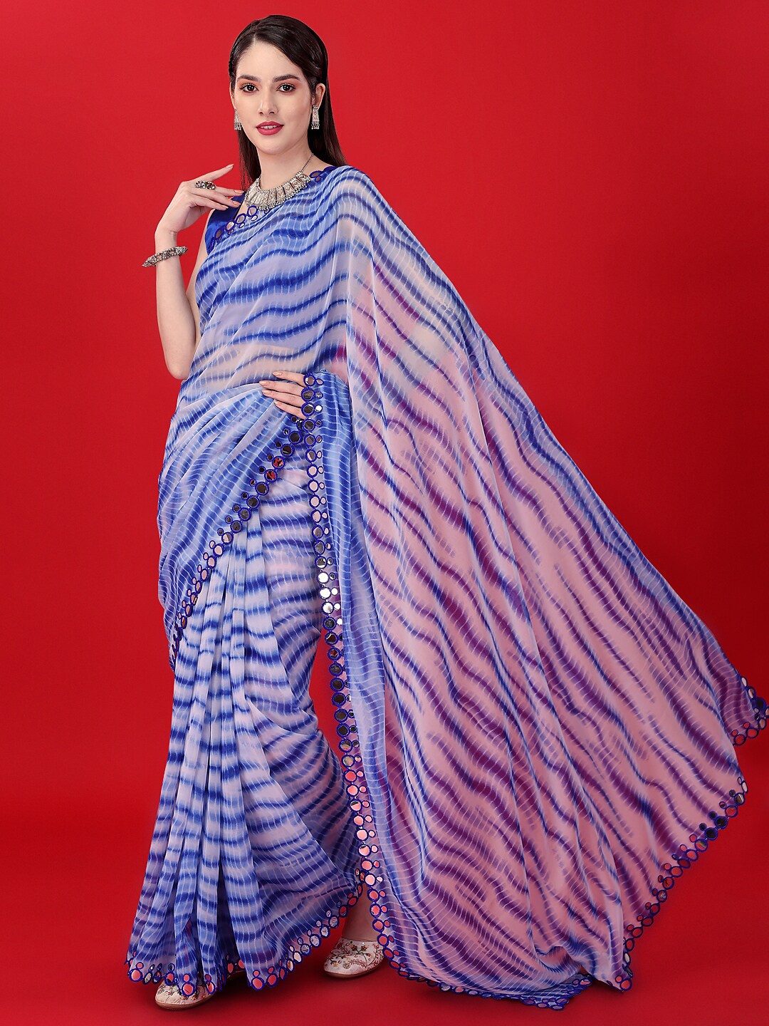 

CLEMIRA Printed Mirror Work Satin Leheriya Saree, Blue