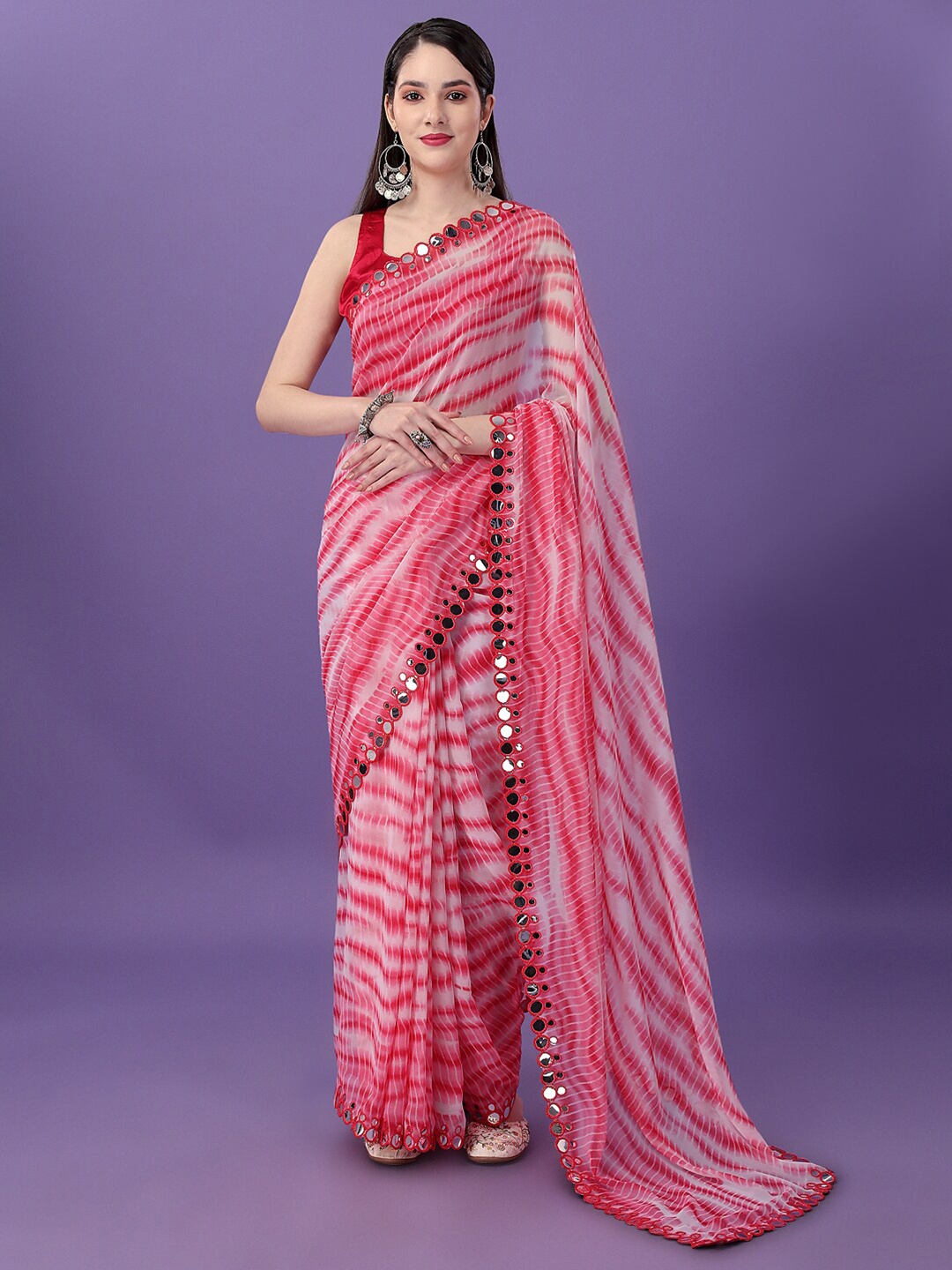 

CLEMIRA Mirror Work Satin Leheriya Saree, Pink