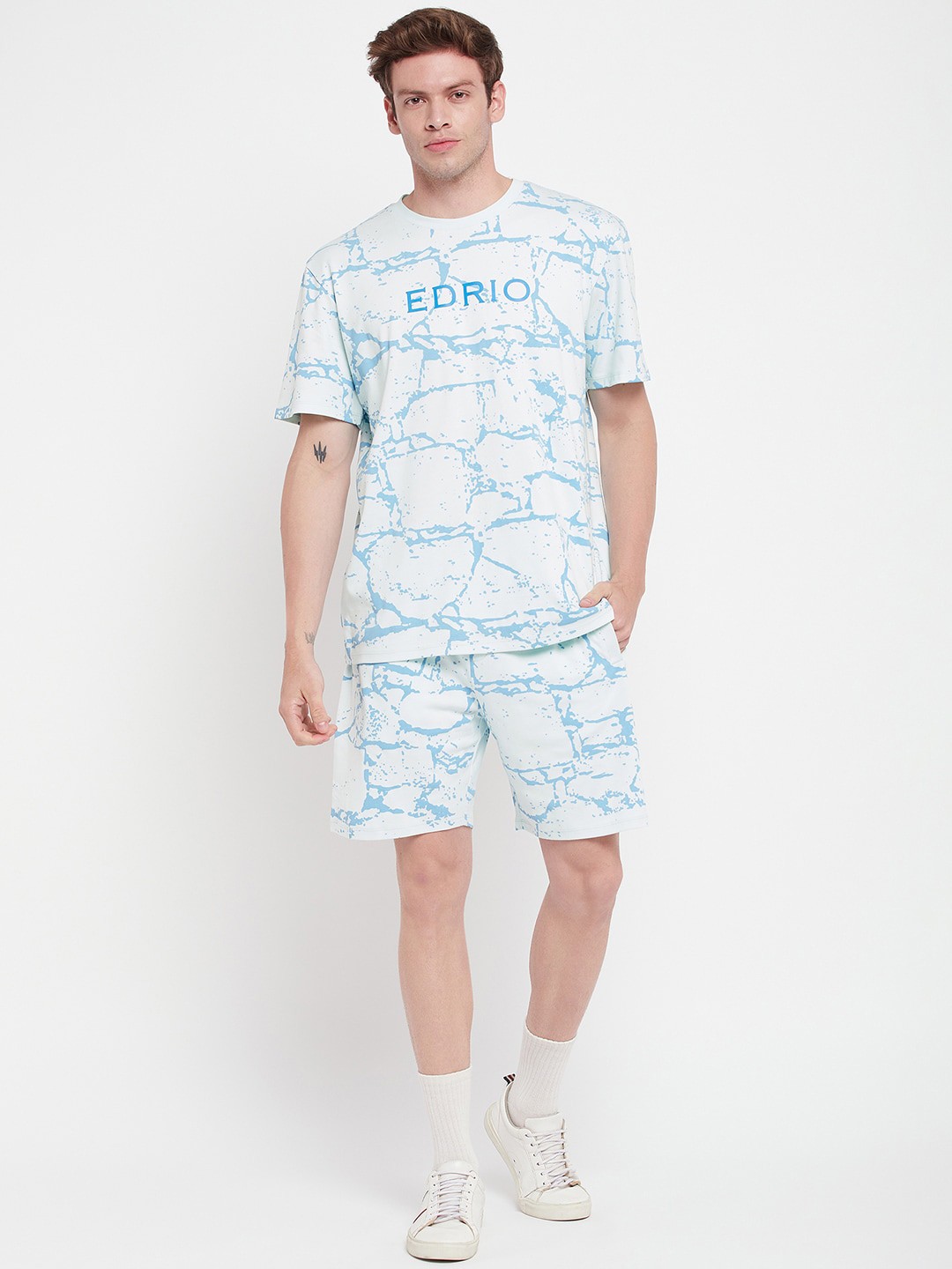 

EDRIO Printed Pure Cotton T-shirt With Shorts, Blue