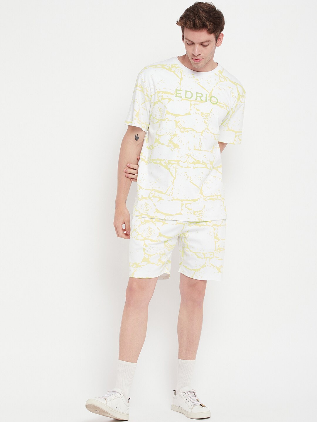 

EDRIO Men Printed Round Neck Pure Cotton Co-Ords, White