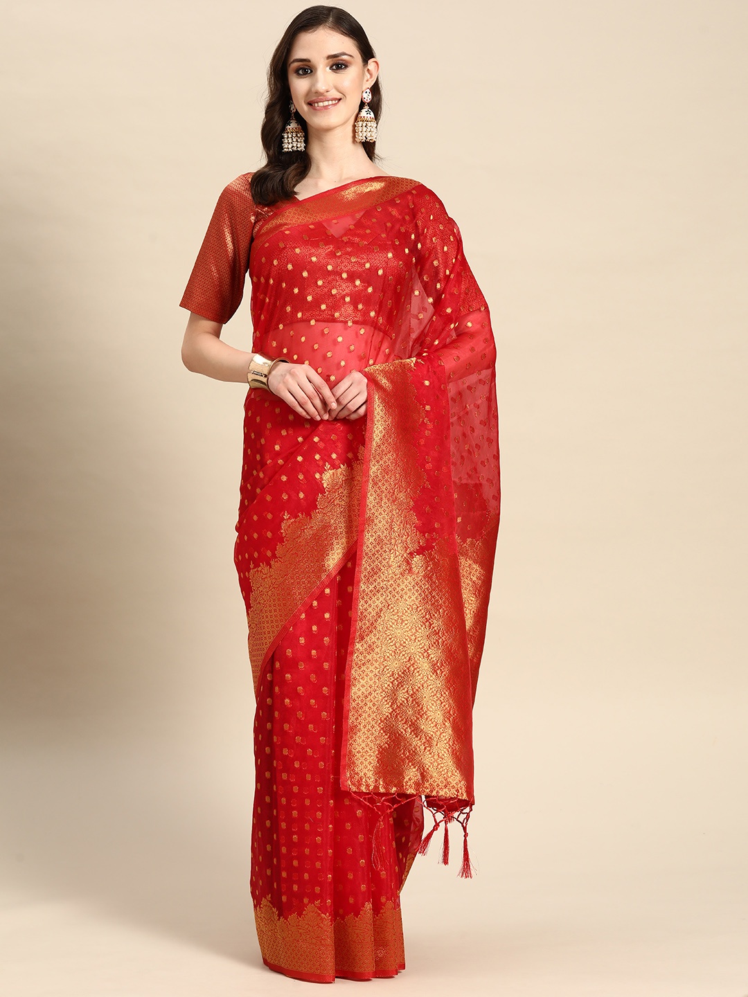 

Vardha Ethnic Motifs Zari Organza Banarasi Saree, Red