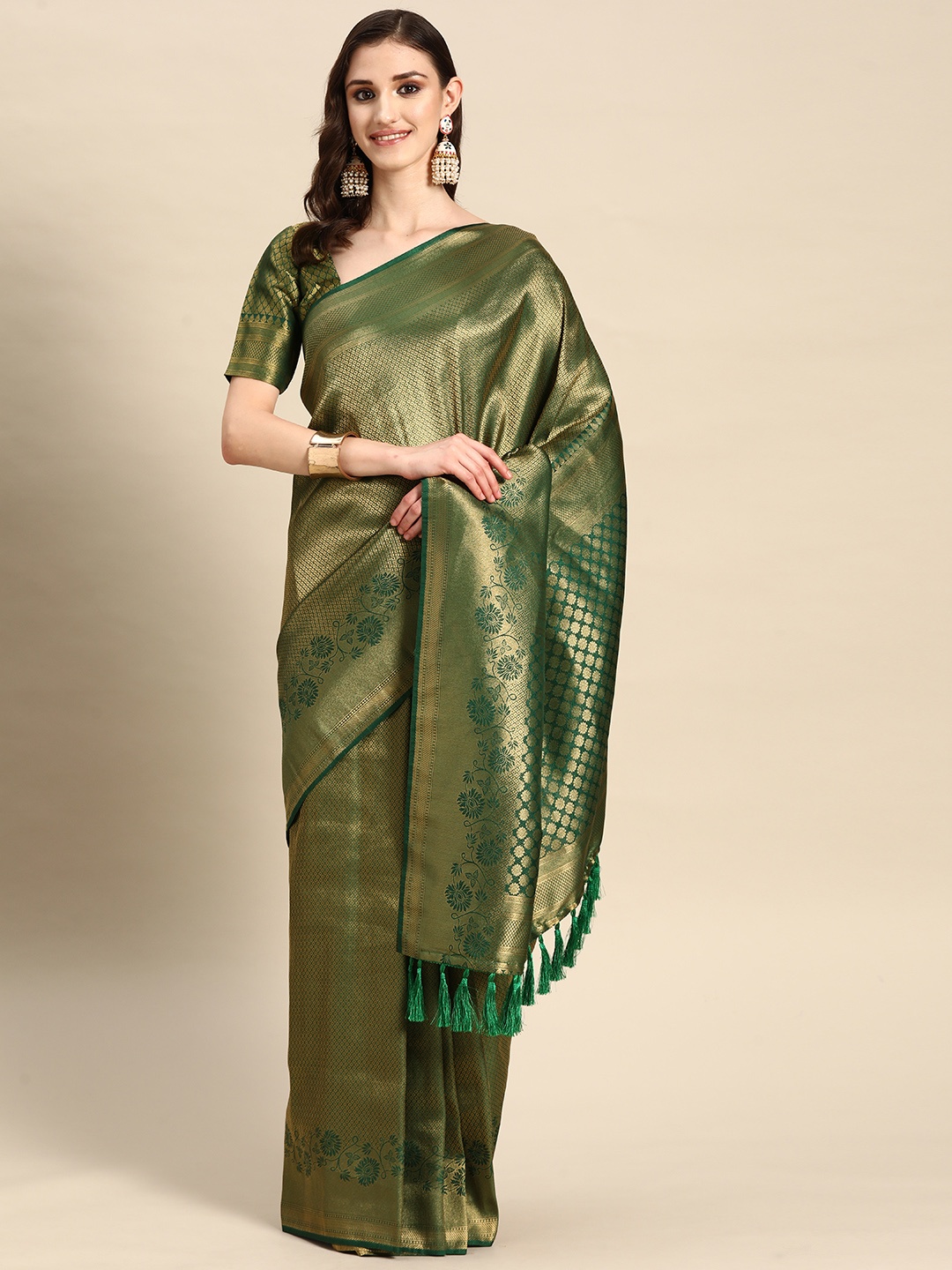 

Vardha Ethnic Motifs Zari Silk Blend Kanjeevaram Saree, Green