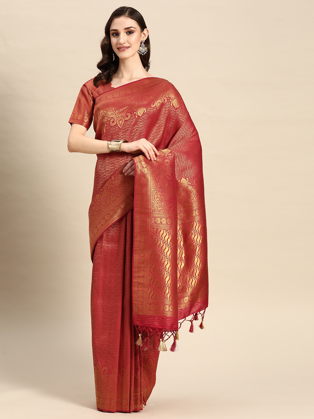 

Vardha Woven Design Zari Silk Blend Kanjeevaram Saree, Red