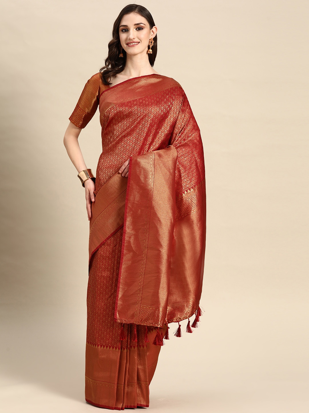

Vardha Ethnic Motifs Zari Silk Blend Kanjeevaram Saree, Maroon