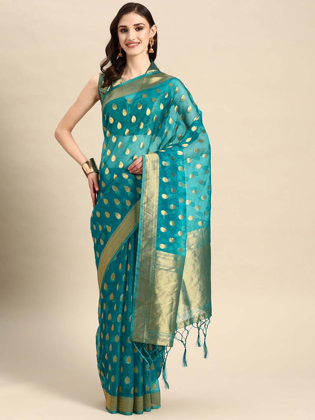 

Vardha Ethnic Motifs Zari Organza Banarasi Saree, Turquoise blue