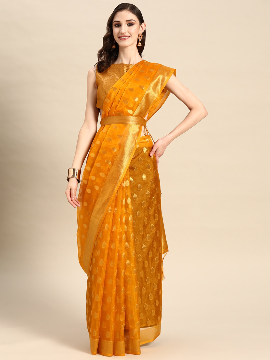 

Vardha Ethnic Motifs Zari Organza Belted Banarasi Saree, Mustard