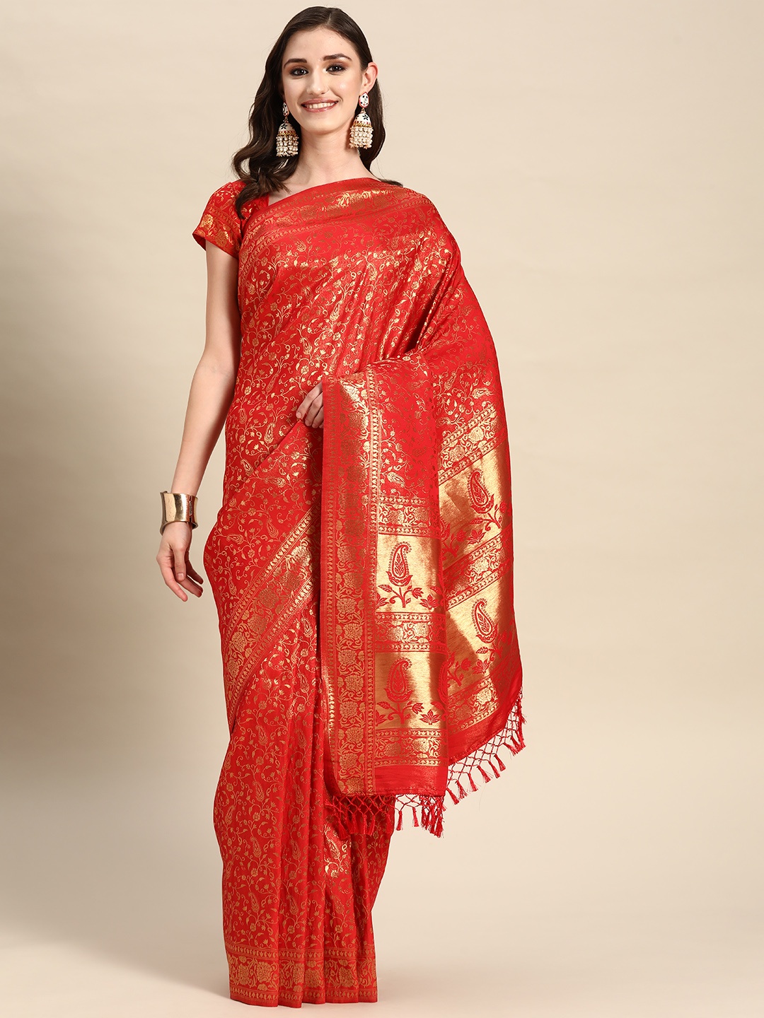

Vardha Floral Zari Silk Blend Kanjeevaram Saree, Red