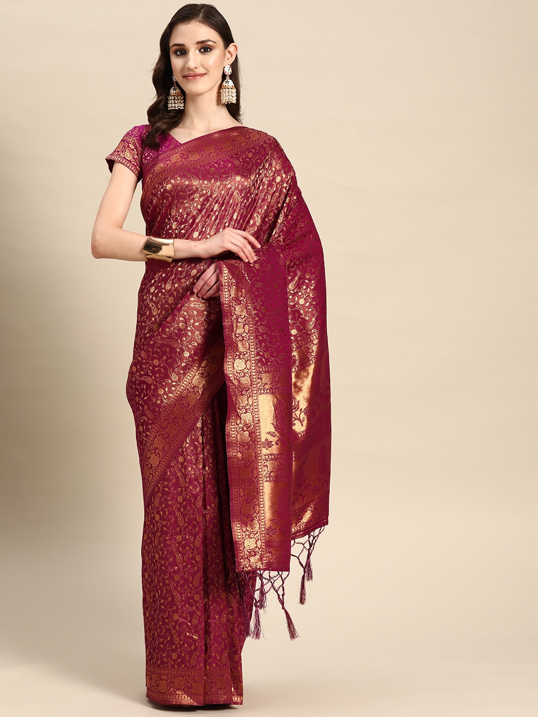 

Vardha Floral Zari Silk Blend Kanjeevaram Saree, Purple