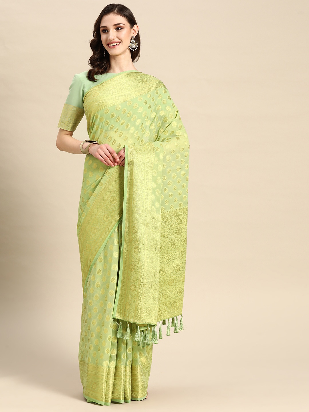 Vardha Ethnic Motifs Zari Pure Georgette Banarasi Saree, Green