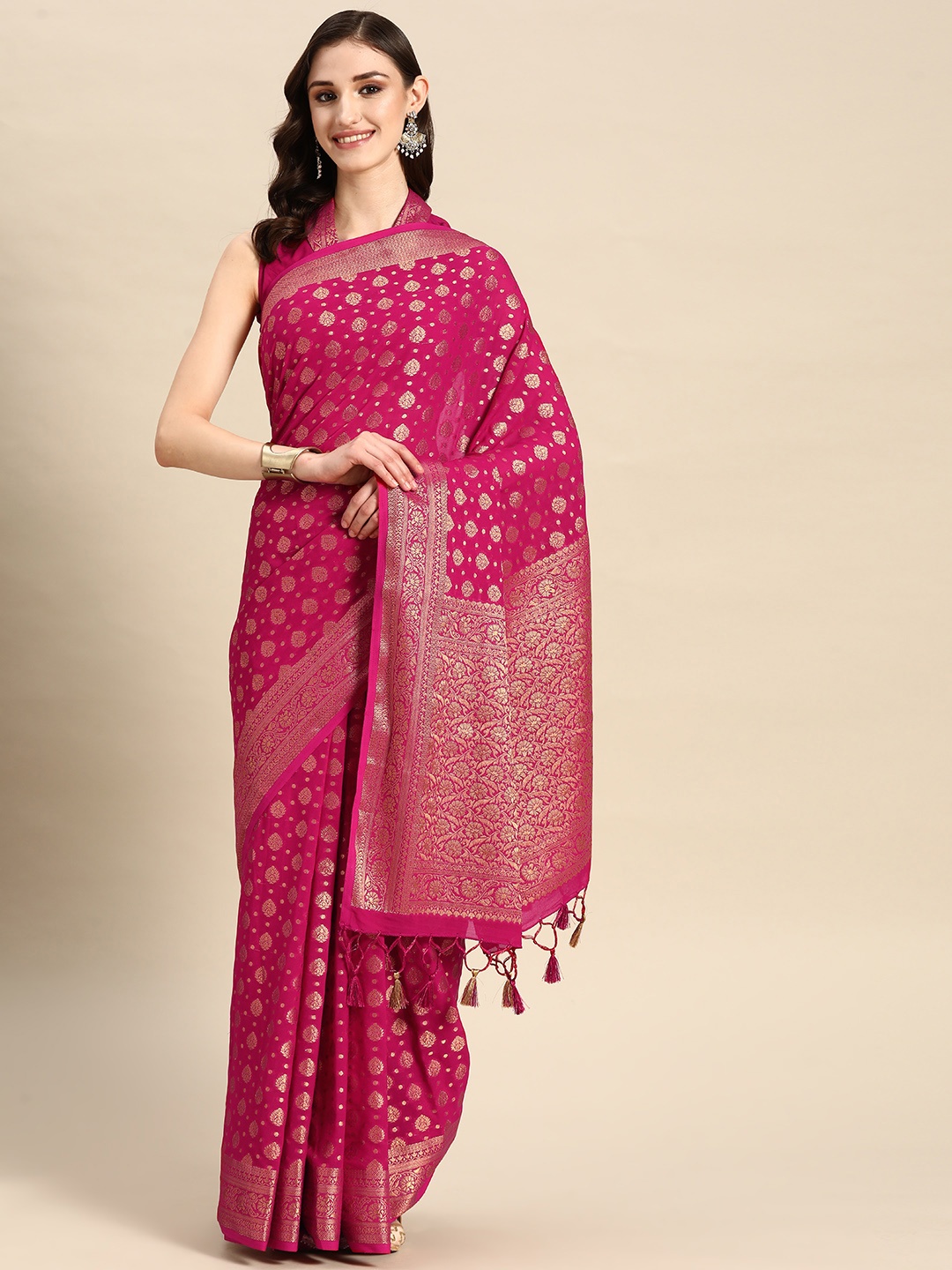 

Vardha Ethnic Motifs Zari Pure Georgette Banarasi Saree, Pink