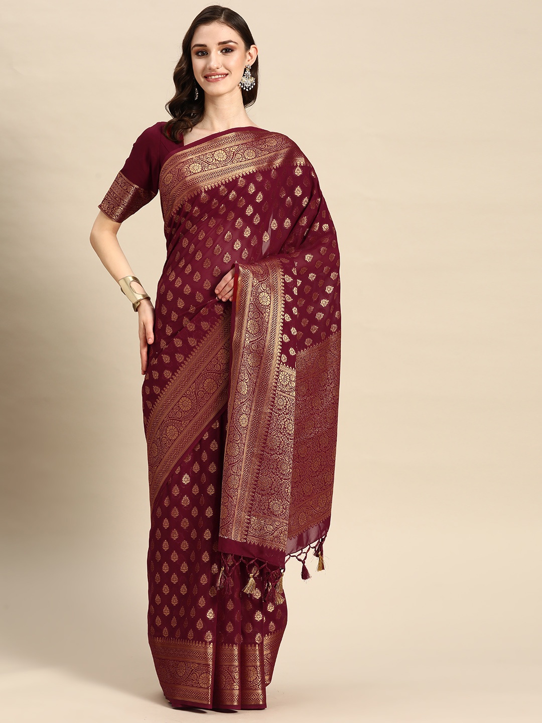 

Vardha Ethnic Motifs Zari Pure Georgette Banarasi Saree, Maroon