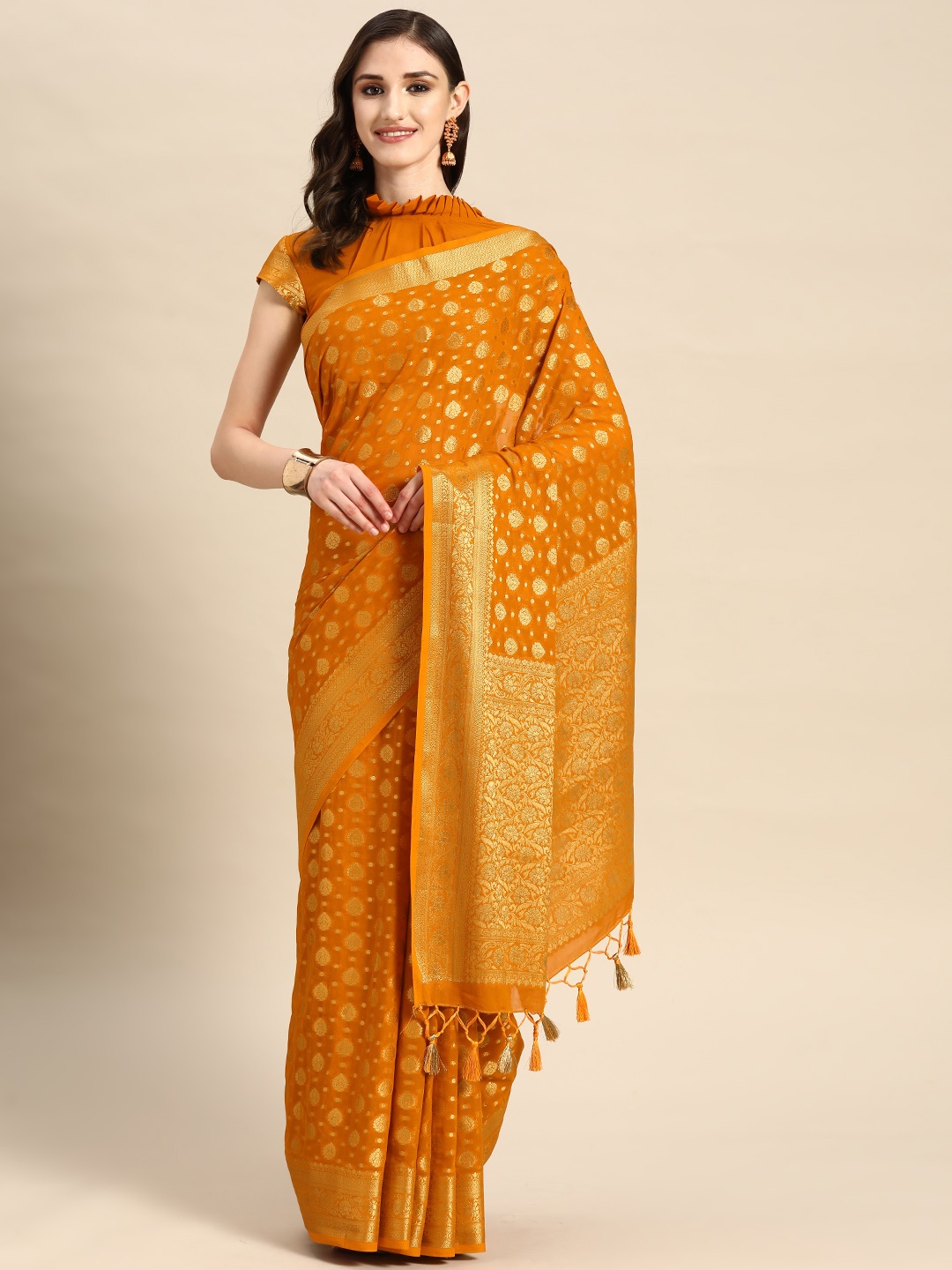 

Vardha Ethnic Motifs Zari Pure Georgette Banarasi Saree, Mustard