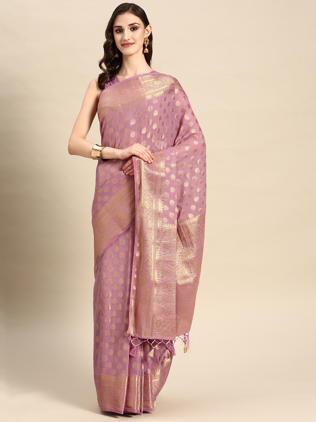 

Vardha Ethnic Motifs Zari Pure Georgette Banarasi Saree, Lavender