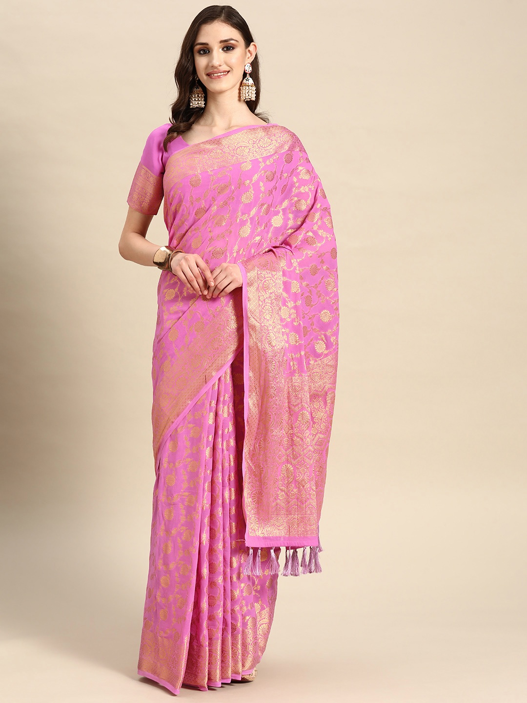 Vardha Floral Zari Pure Georgette Banarasi Saree, Pink