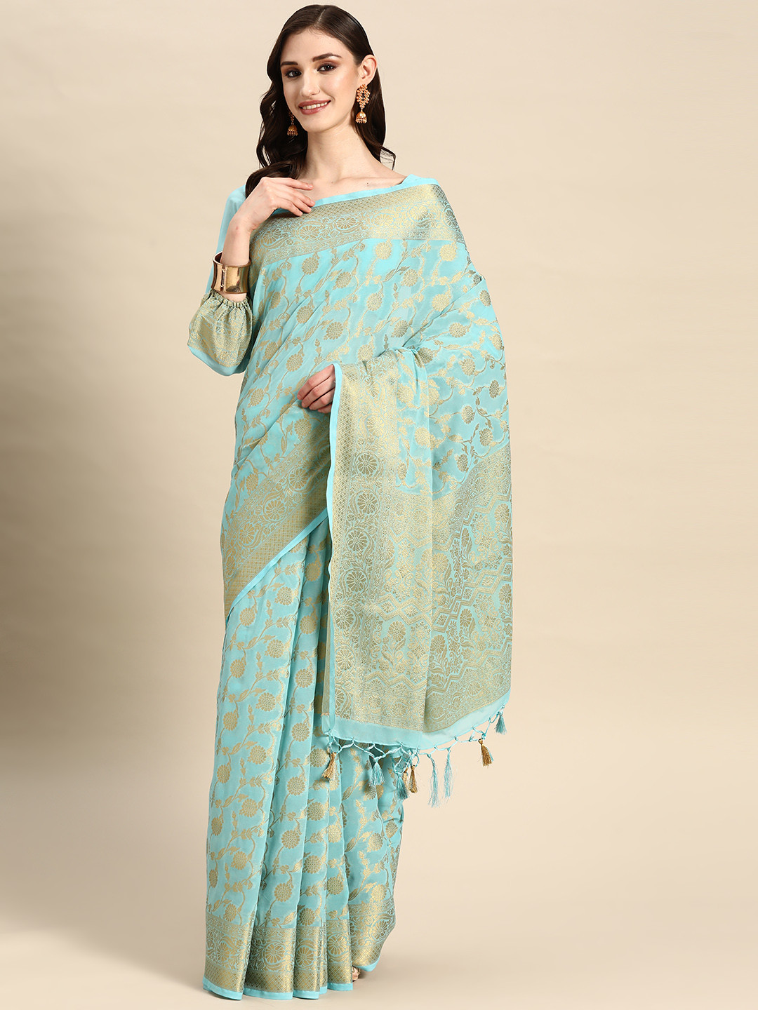 

Vardha Floral Zari Pure Georgette Banarasi Saree, Turquoise blue