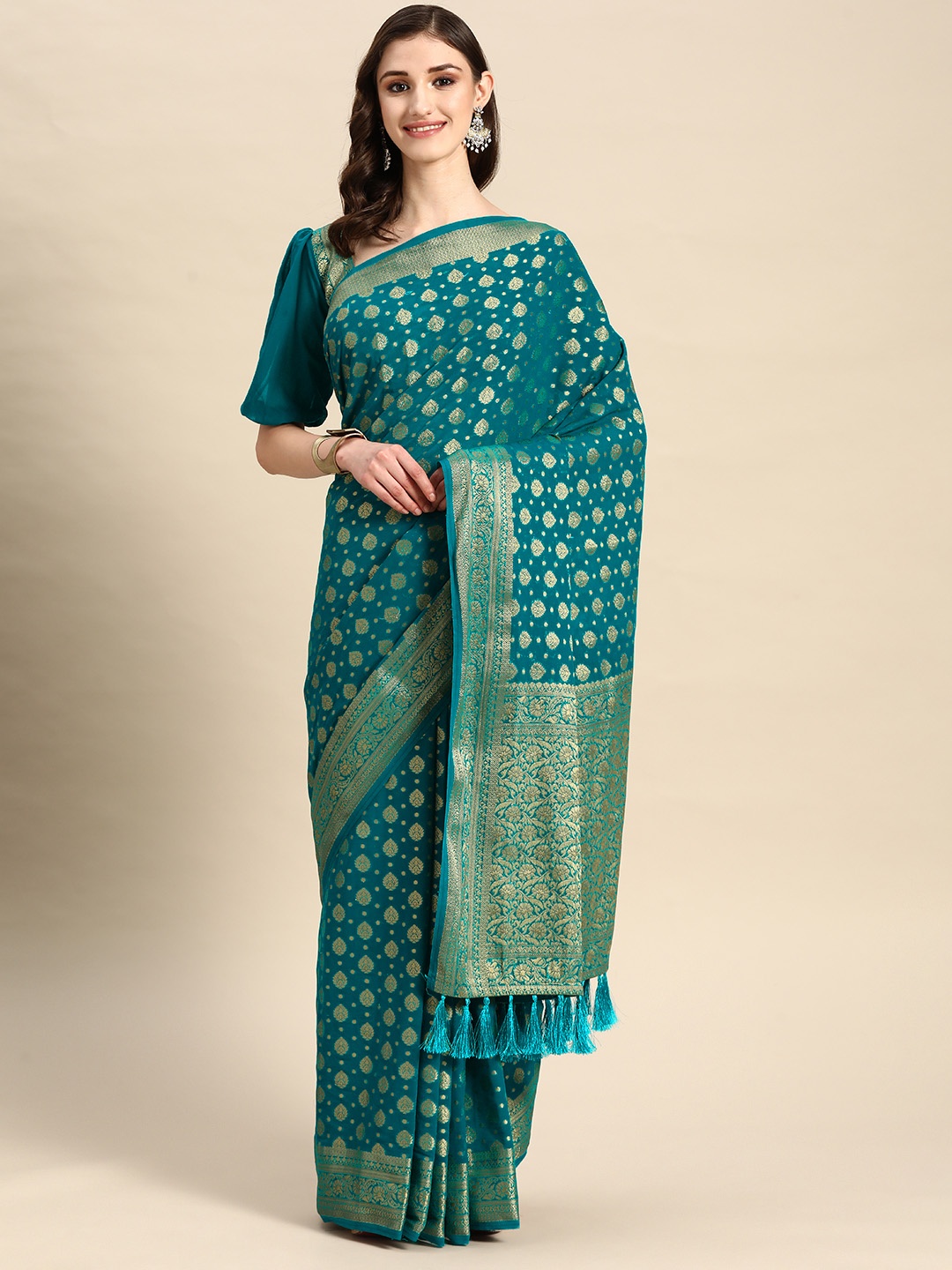 

Vardha Ethnic Motifs Zari Pure Georgette Banarasi Saree, Teal