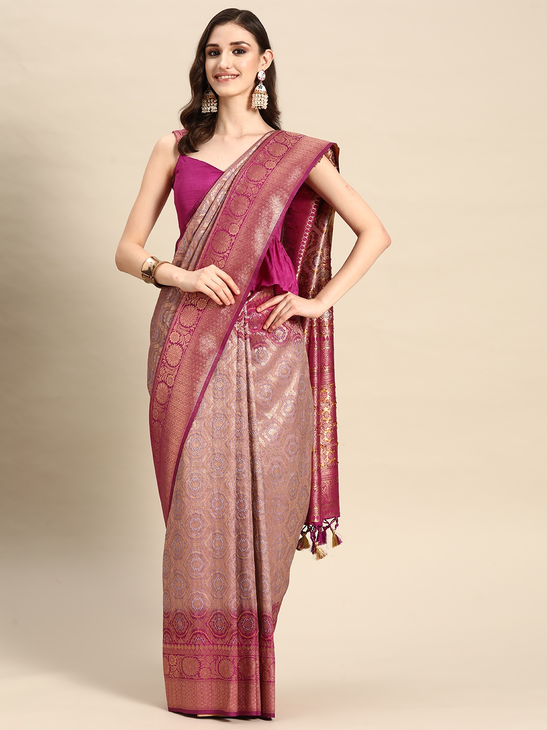 

Vardha Ethnic Motifs Zari Silk Blend Bandhani Saree, Purple
