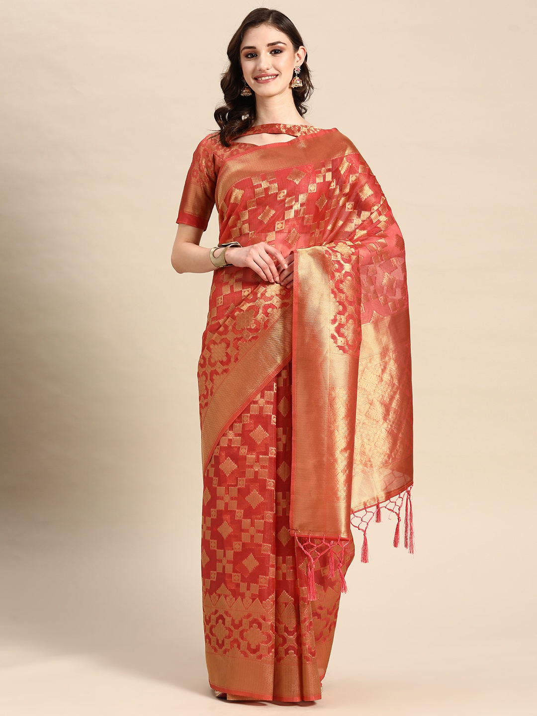 

Vardha Zari Organza Banarasi Saree, Peach