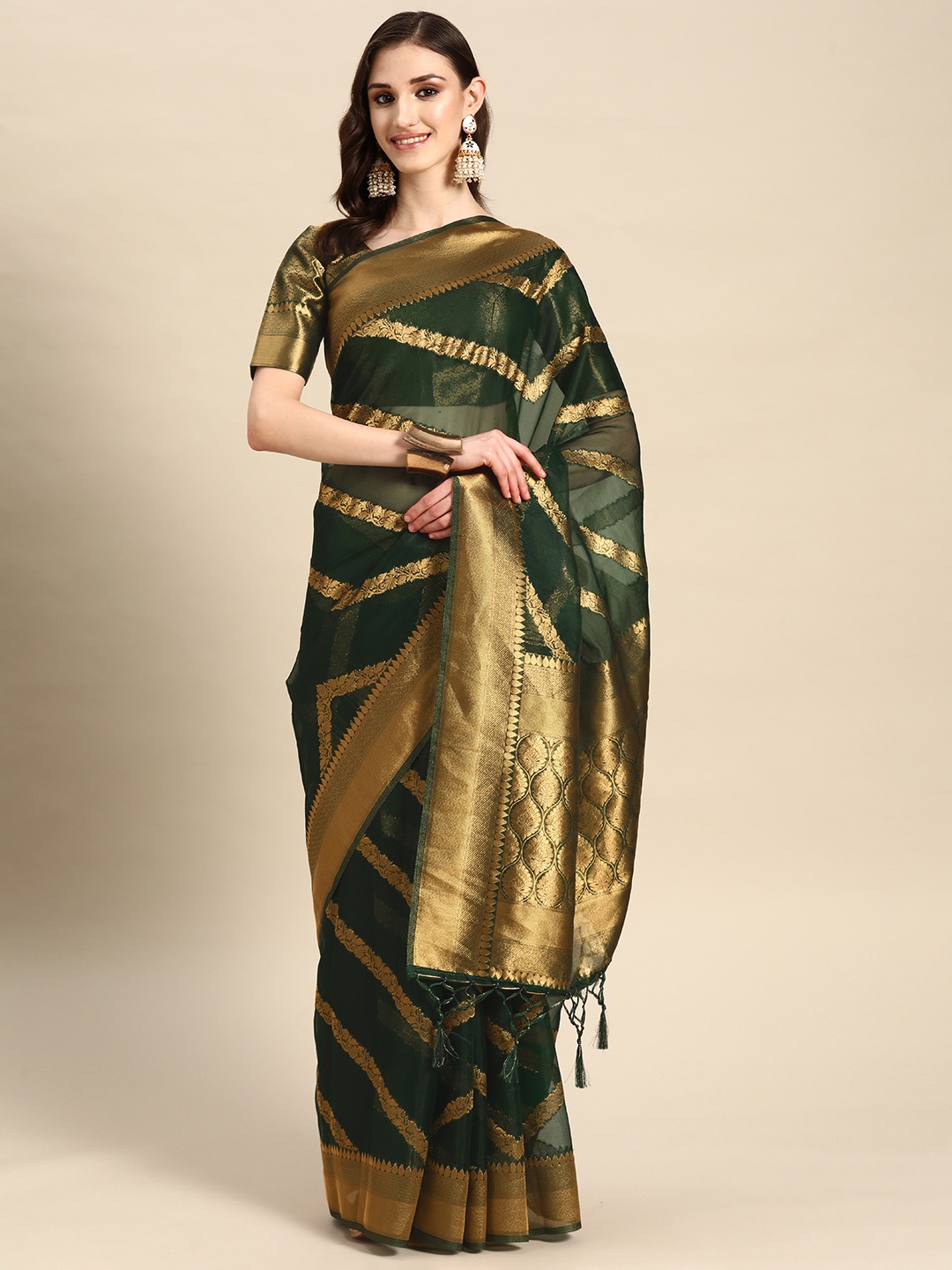 

Vardha Floral Zari Organza Banarasi Saree, Green