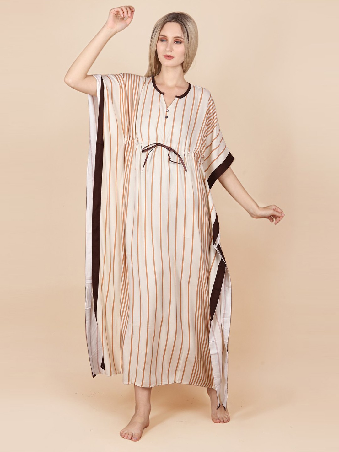 

ASPORA Striped Organic Cotton Kaftan Maxi Nightdress, Brown