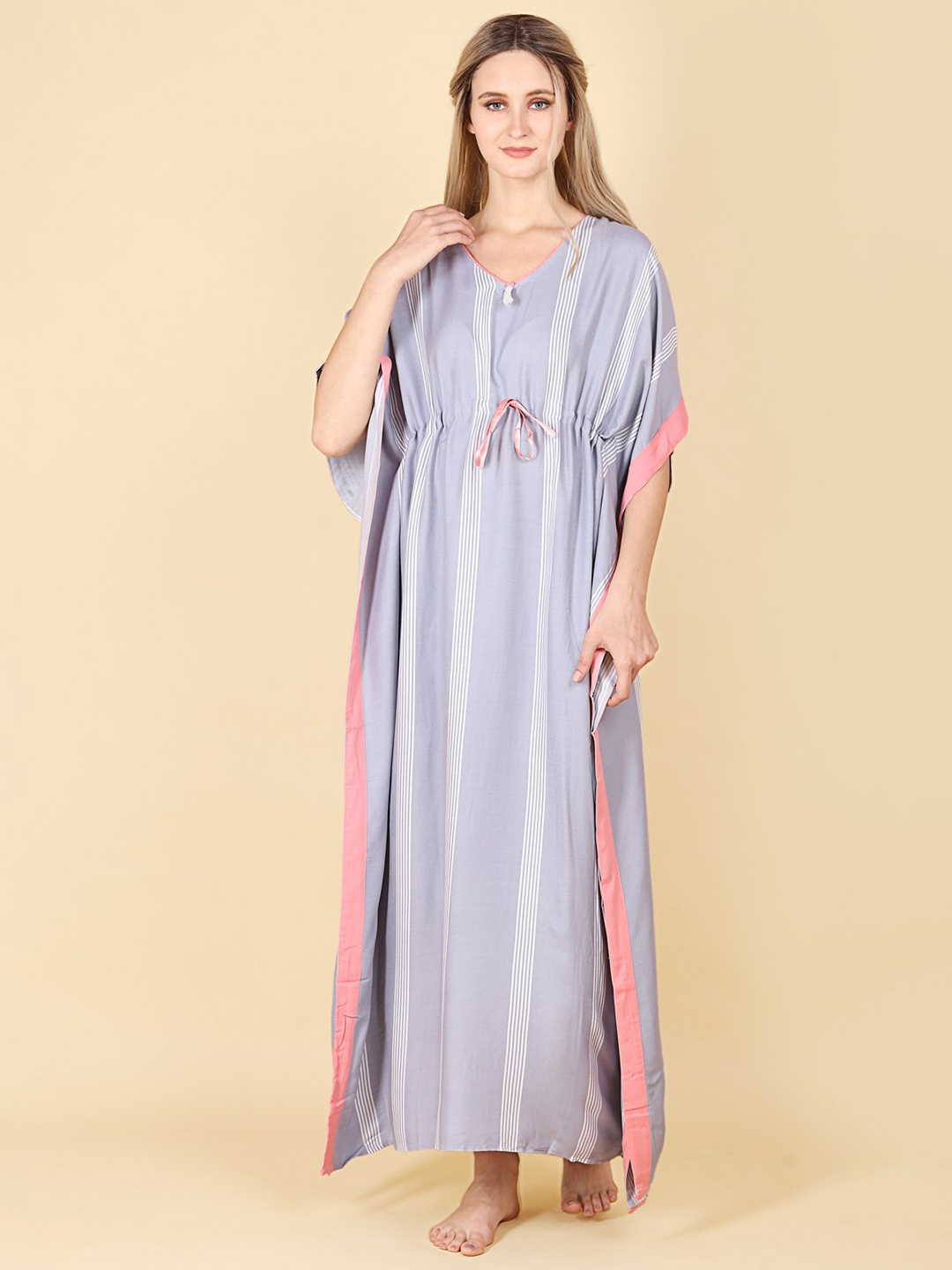 

ASPORA Striped Maxi Kaftan Nightdress, Grey