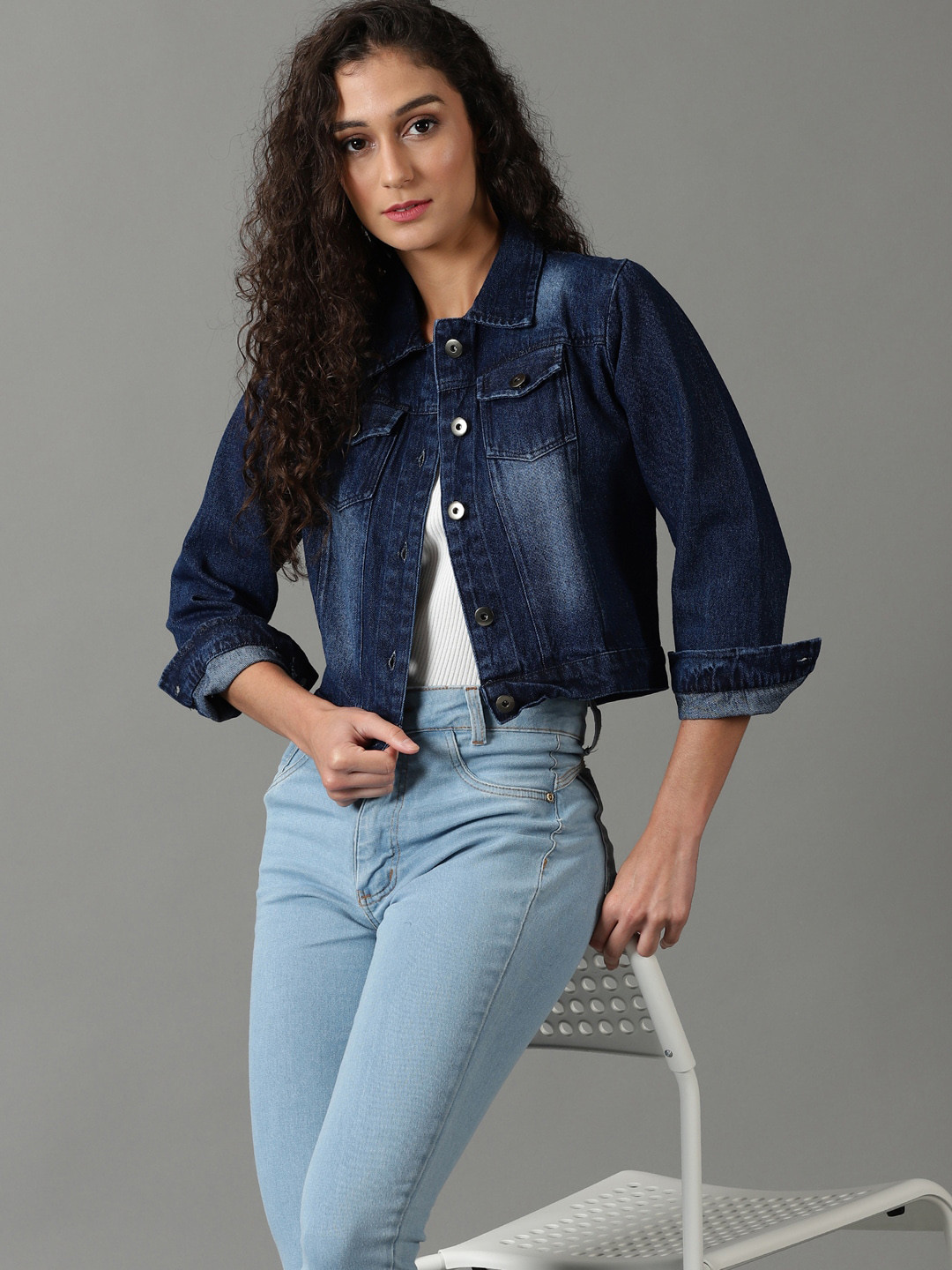 

SHOWOFF Women Washed Crop Denim Jacket, Navy blue