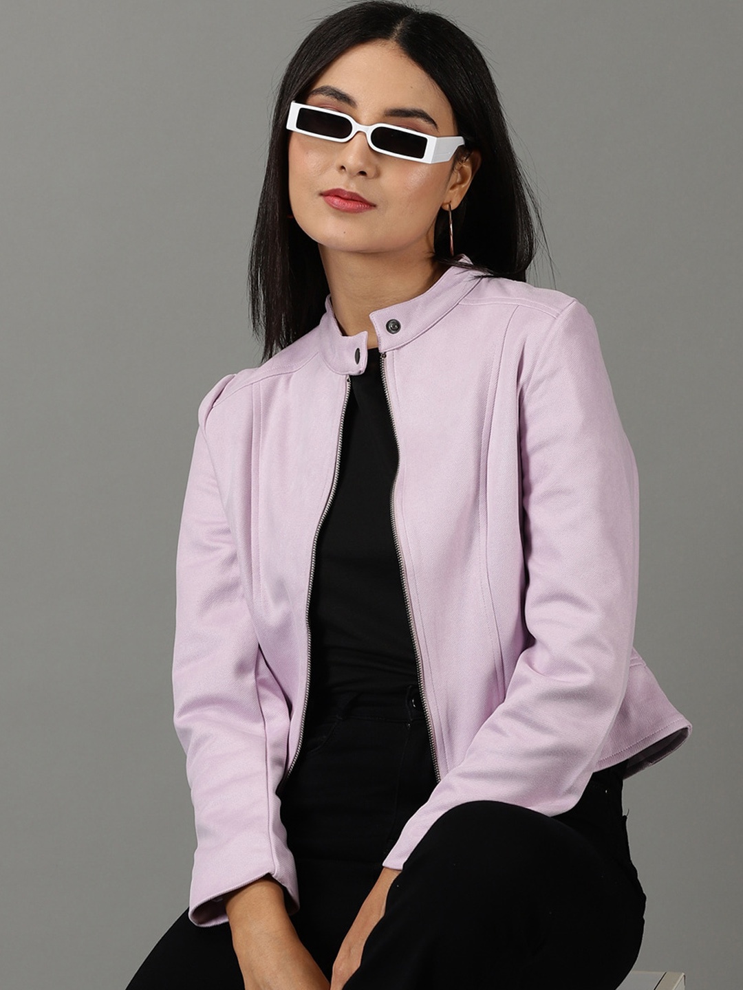 

SHOWOFF Mock Collar Long Sleeves Biker Jacket, Lavender
