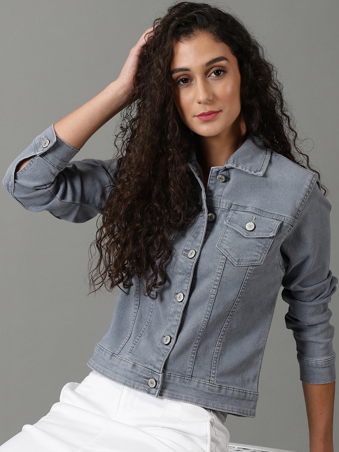 

SHOWOFF Washed Spread Collar Long Sleeves Denim Jacket, Grey