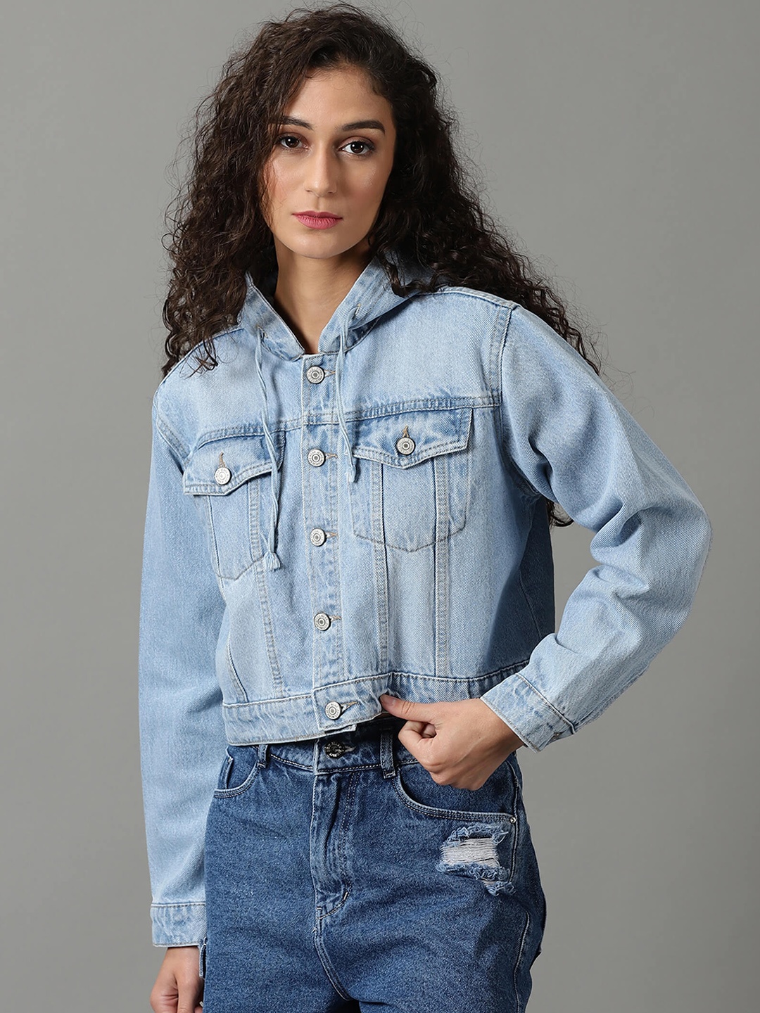 

SHOWOFF Washed Hooded Long Sleeves Crop Denim Jacket, Blue