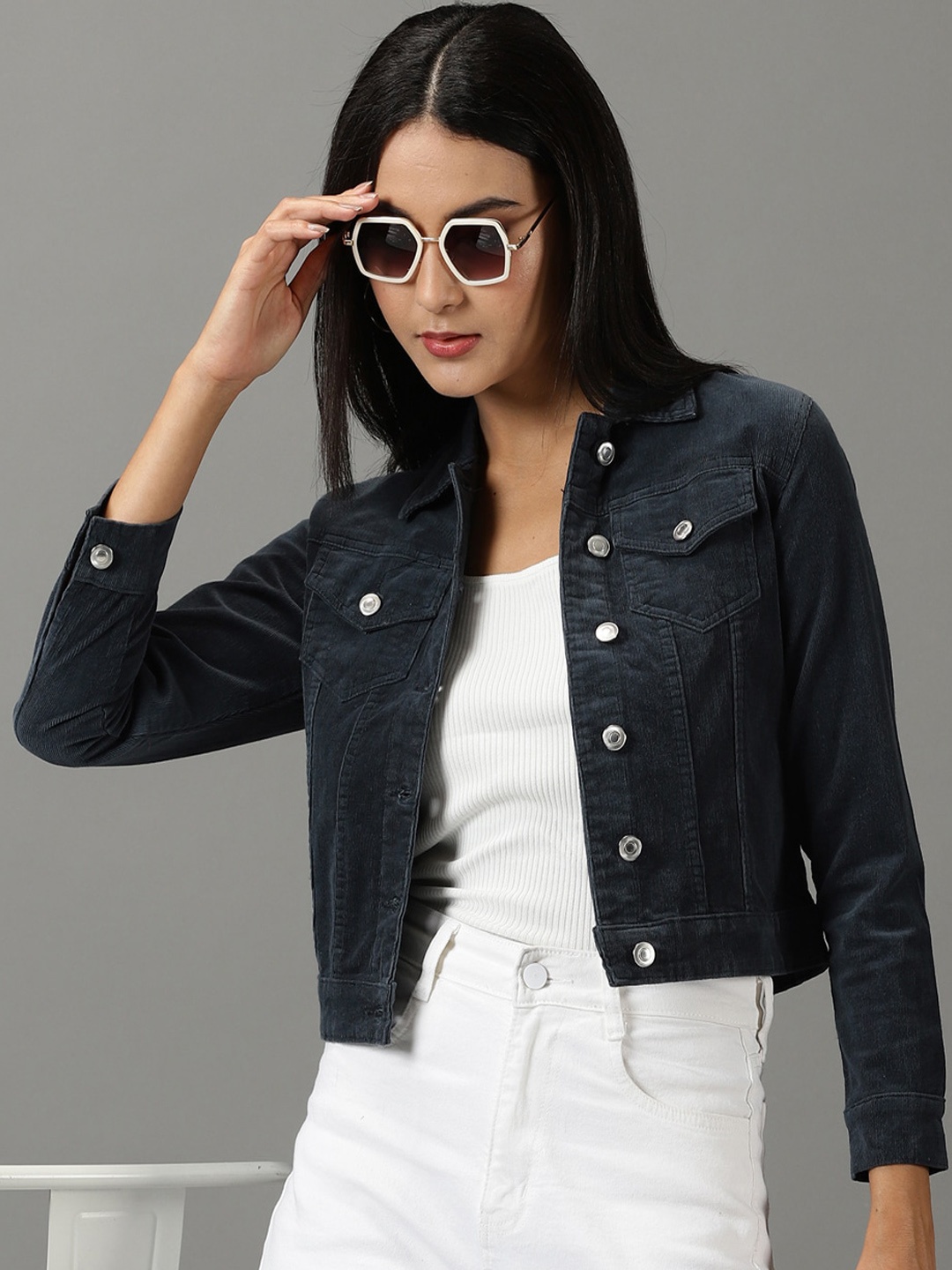 

SHOWOFF Spread Collar Corduroy Denim Jacket, Teal