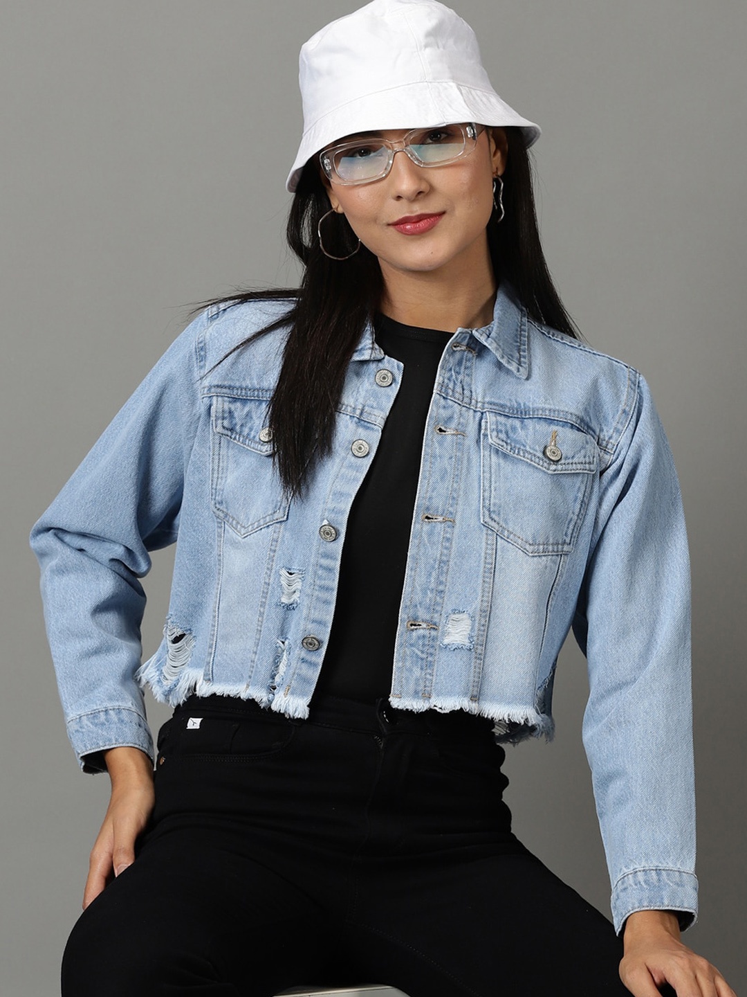 

SHOWOFF Washed Crop Frayed Denim Jacket, Blue