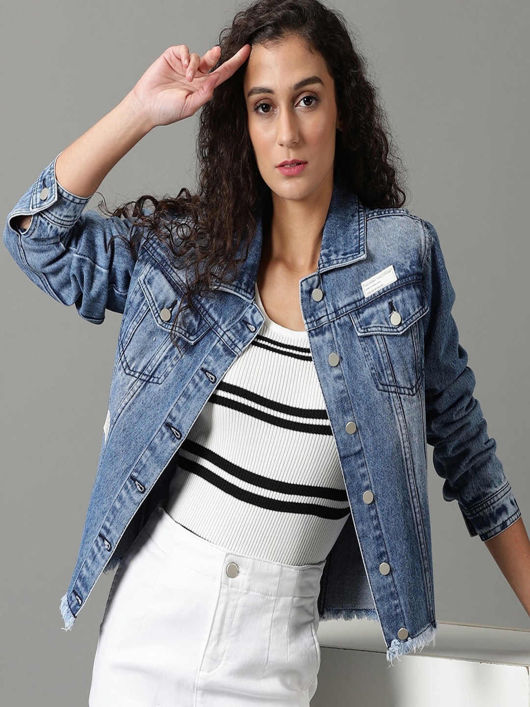 

SHOWOFF Washed Long Sleeves Frayed Denim Jacket, Blue