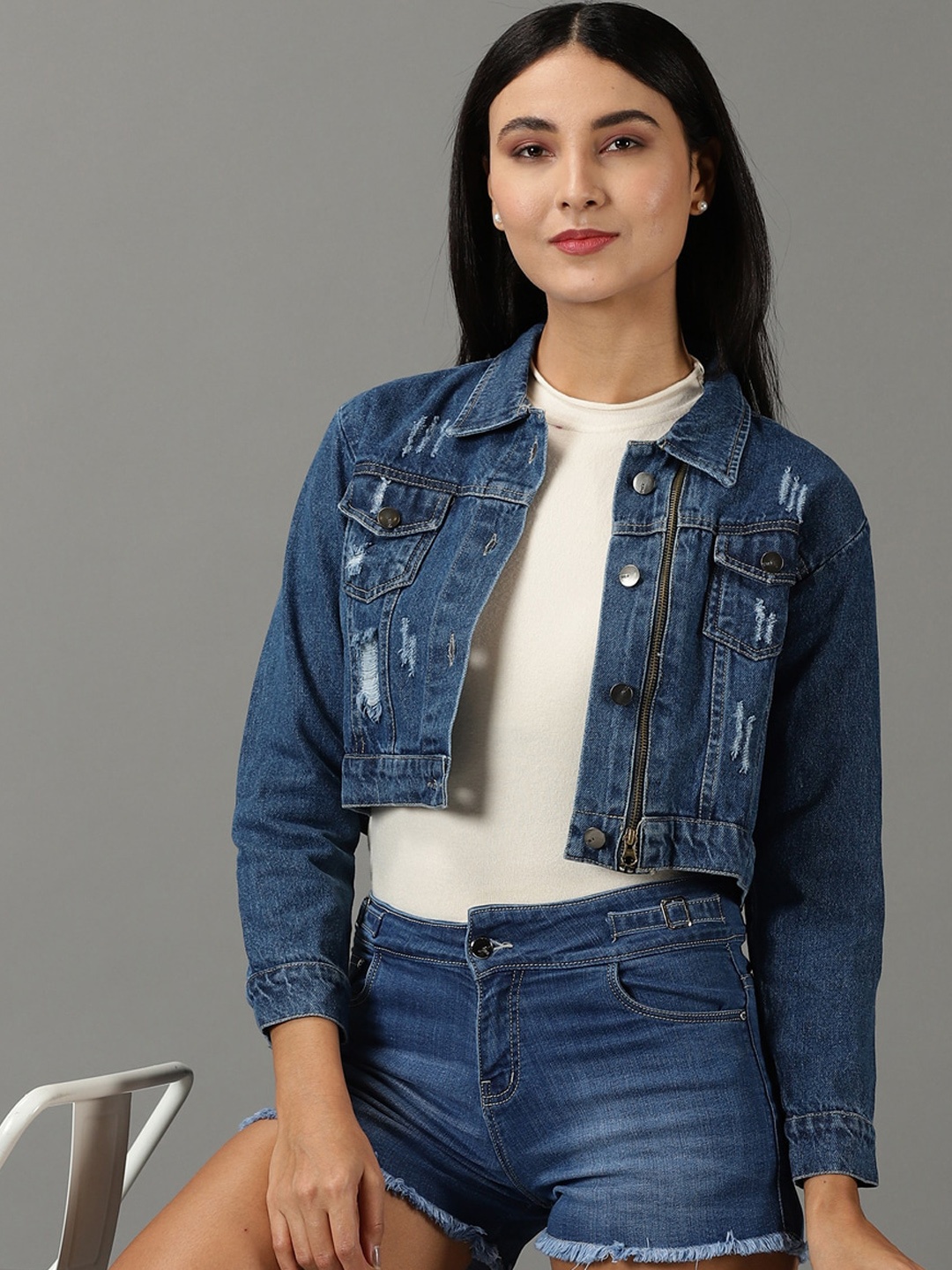 

SHOWOFF Washed Crop Denim Jacket With Distressed, Navy blue