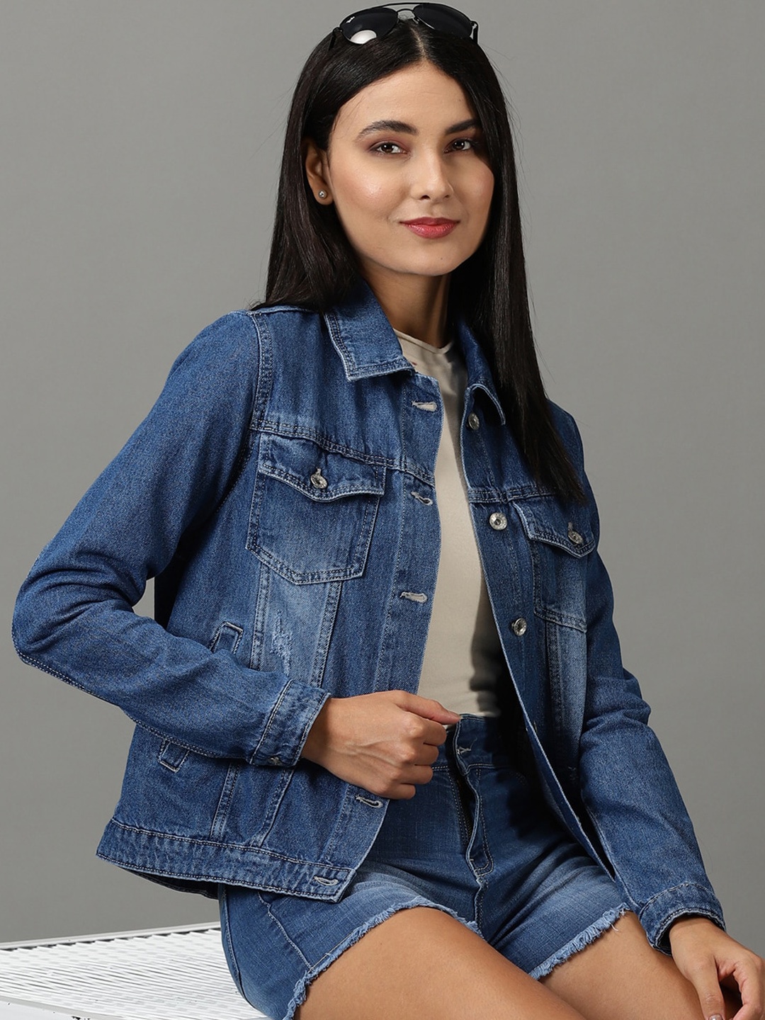

SHOWOFF Spread Collar Washed Denim Jacket, Navy blue