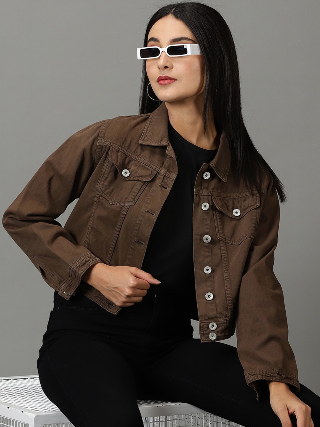 

SHOWOFF Spread Collar Crop Denim Jacket, Brown