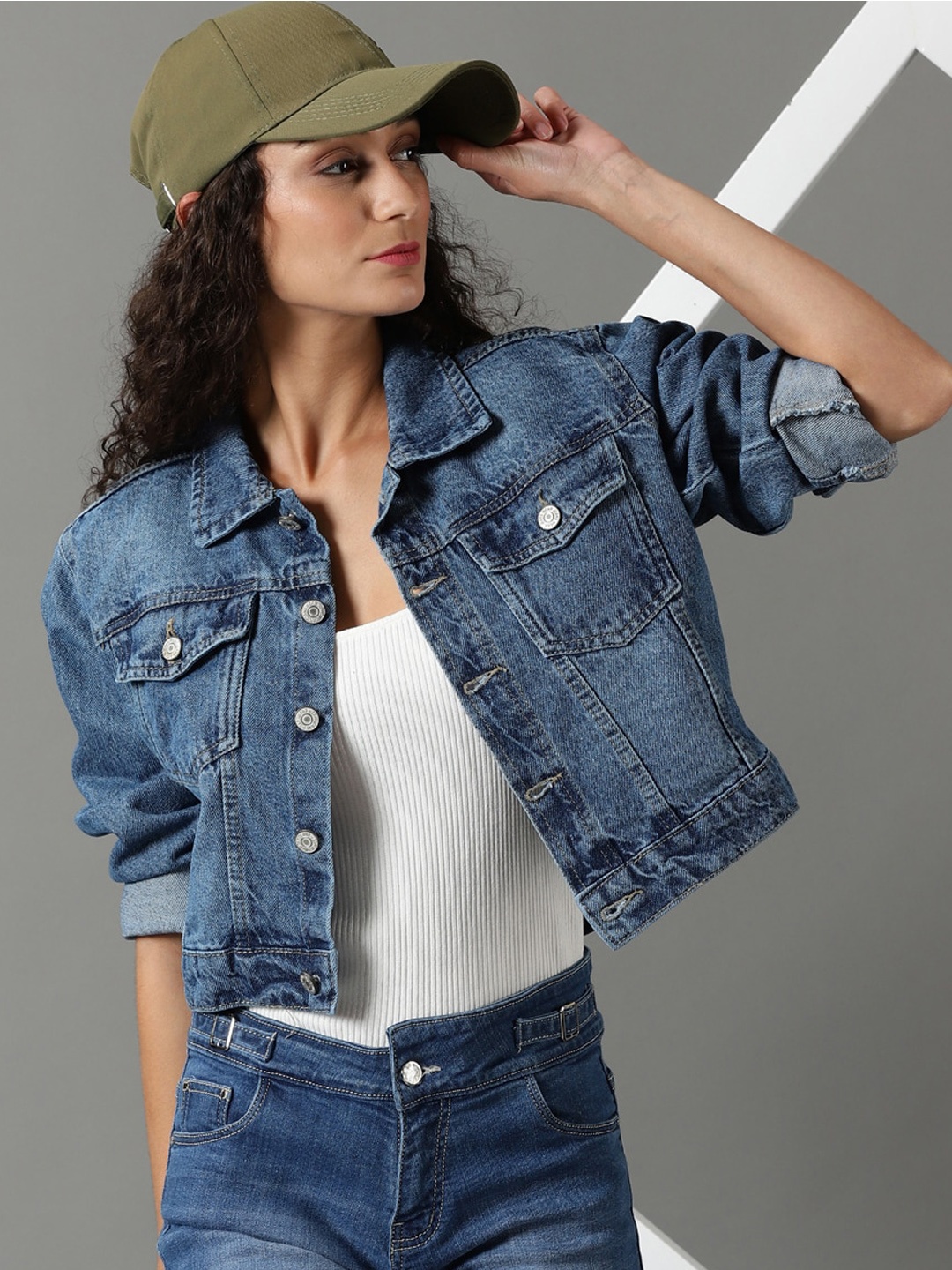 

SHOWOFF Washed Crop Denim Jacket, Navy blue