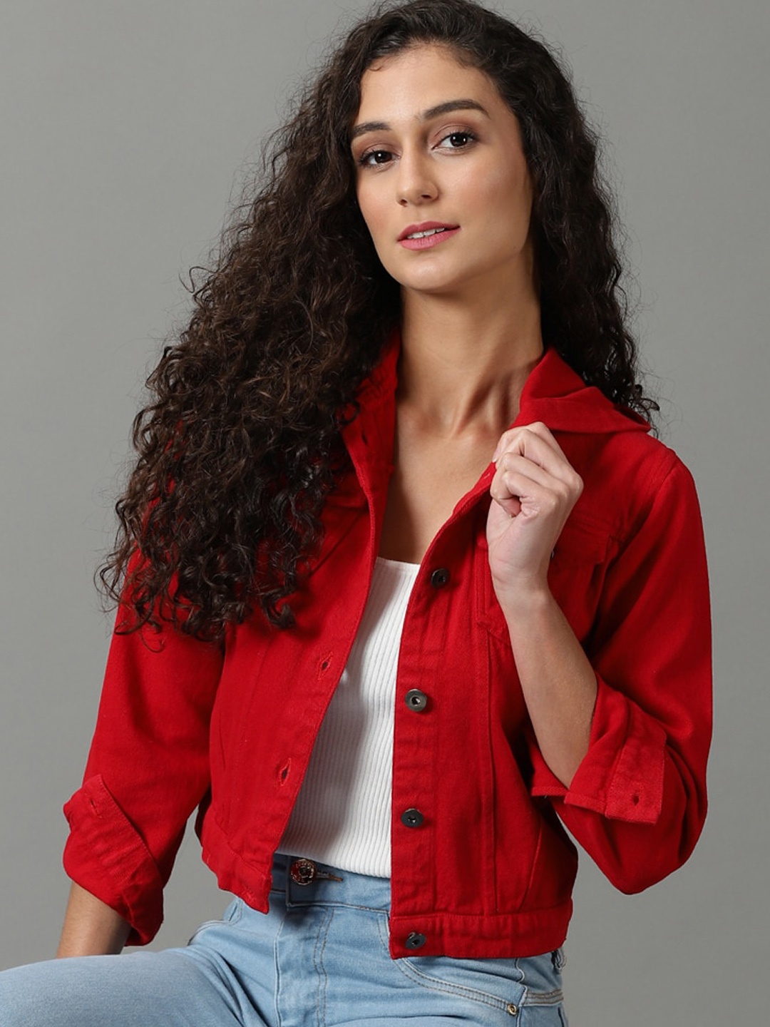 

SHOWOFF Hooded Crop Denim Jacket, Red