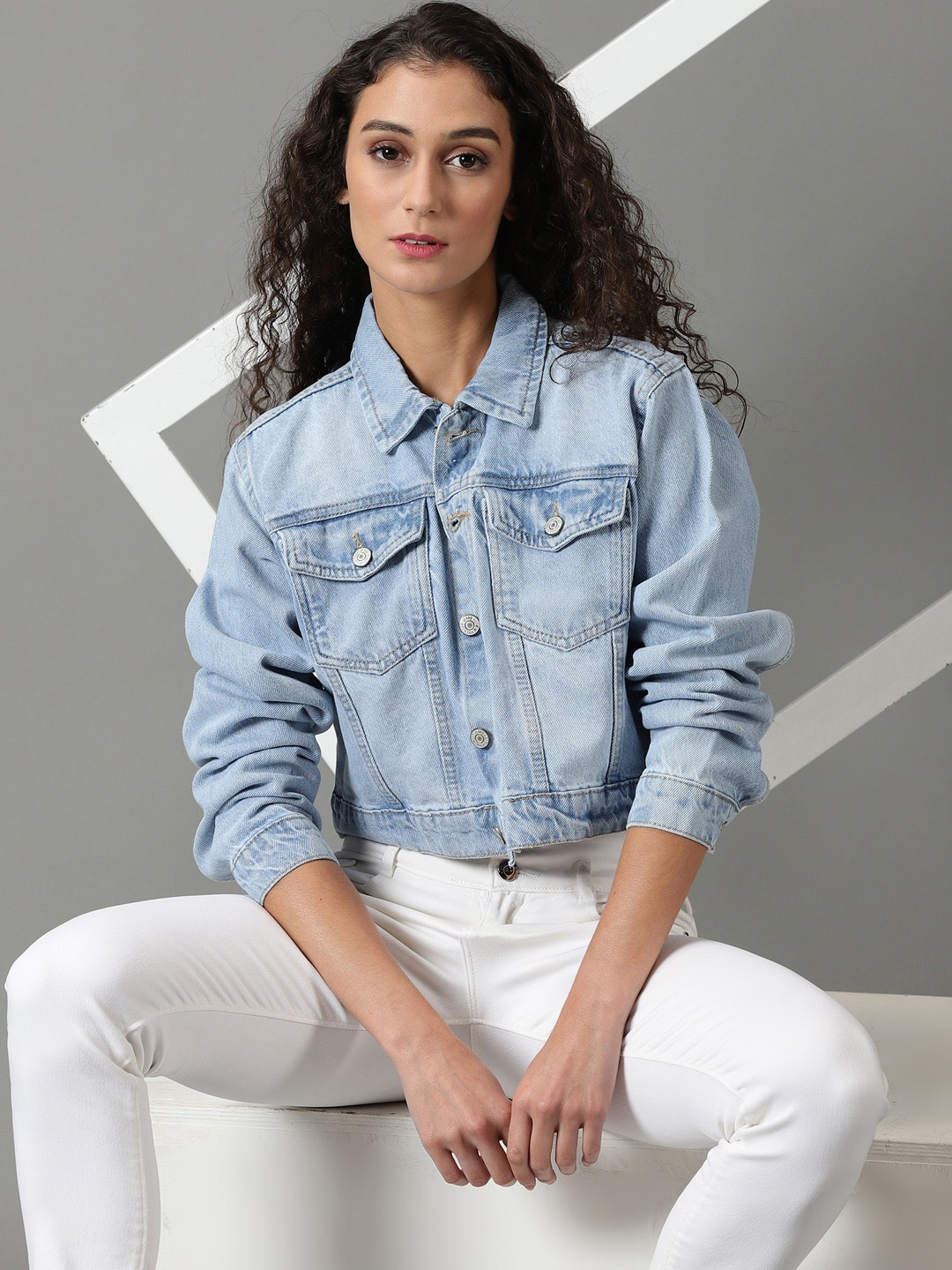 

SHOWOFF Washed Crop Denim Jacket, Blue