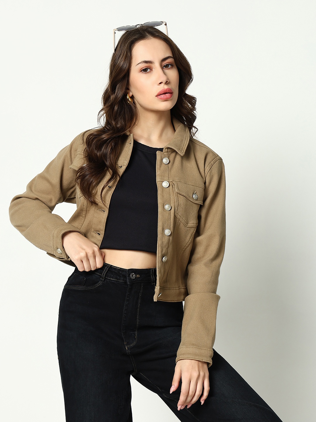 

SHOWOFF Spread Collar Crop Denim Jacket, Khaki