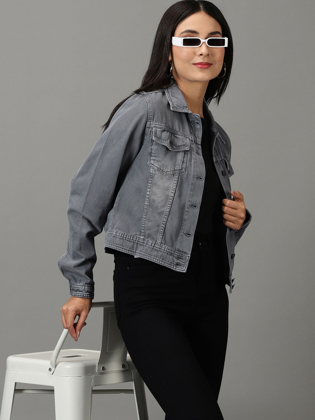 

SHOWOFF Washed Crop Denim Jacket, Grey