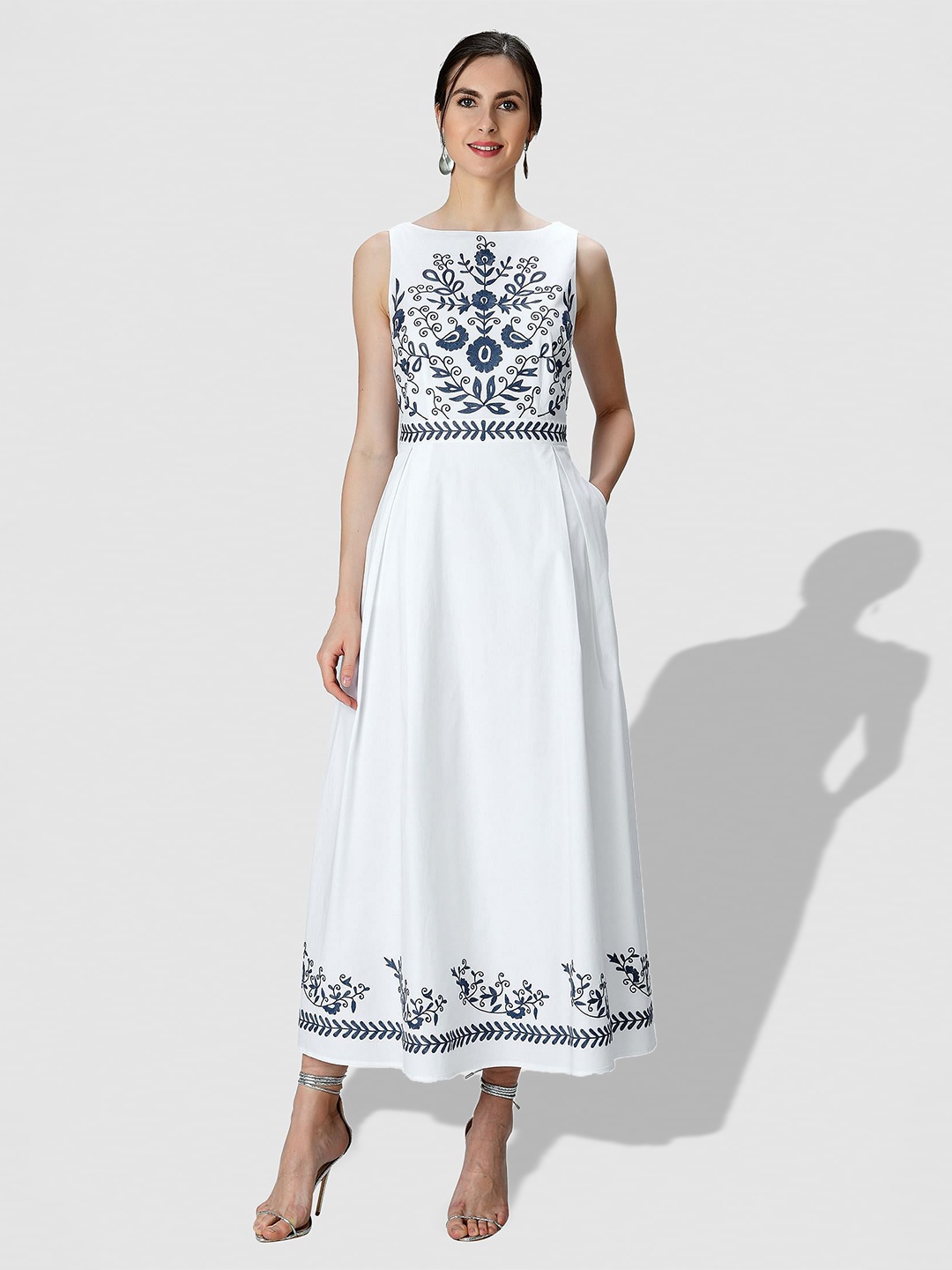 

Zapelle Floral Embroidered Boat Neck A-Line Maxi Dress, White
