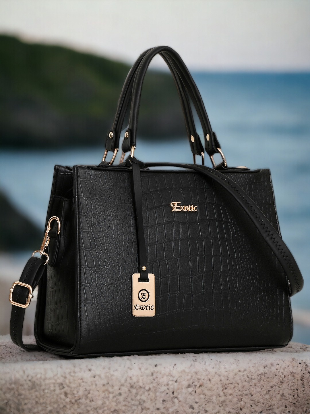 

Exotic Textured PU Structured Handheld Bag, Black