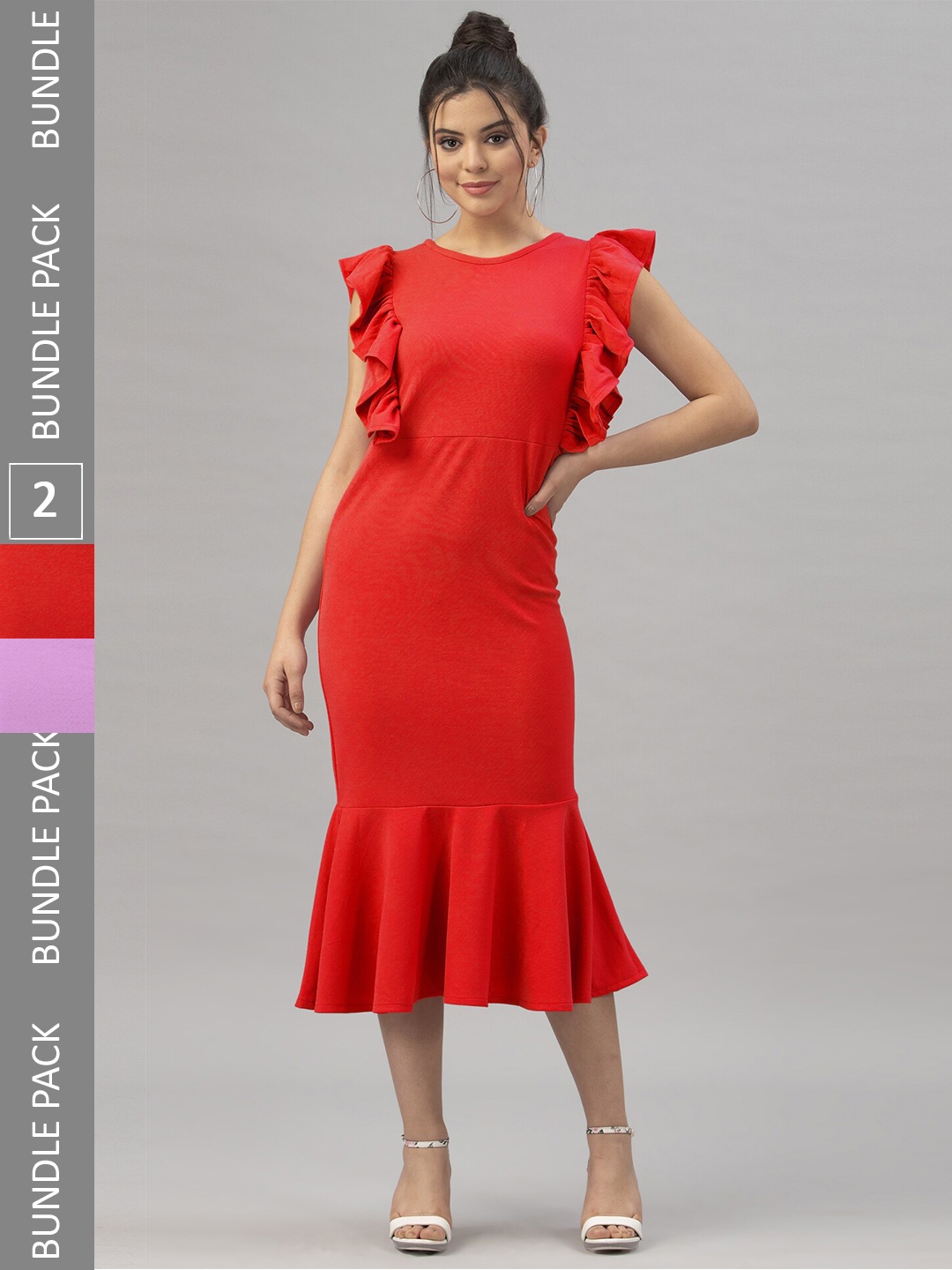 

Selvia Pack Of 2 Flutter Sleeves Sheath Midi Dresses, Red
