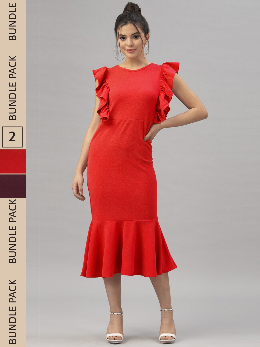 

Selvia Pack Of 2 Flutter Sleeve Flounce Sheath Midi Dresses, Red