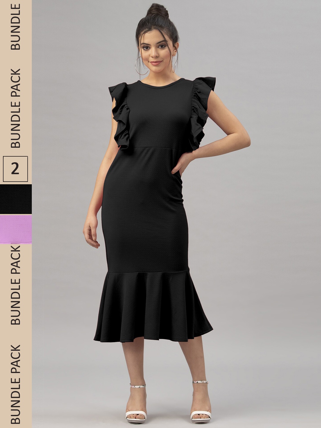 

Selvia Pack Of 2 Flutter Sleeves Sheath Midi Dress, Black