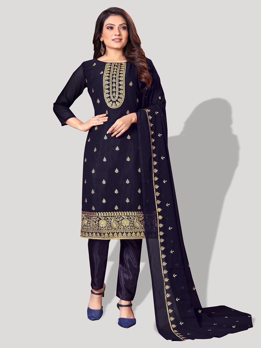 

Fashion FRICKS Floral Embroidered Unstitched Dress Material, Navy blue
