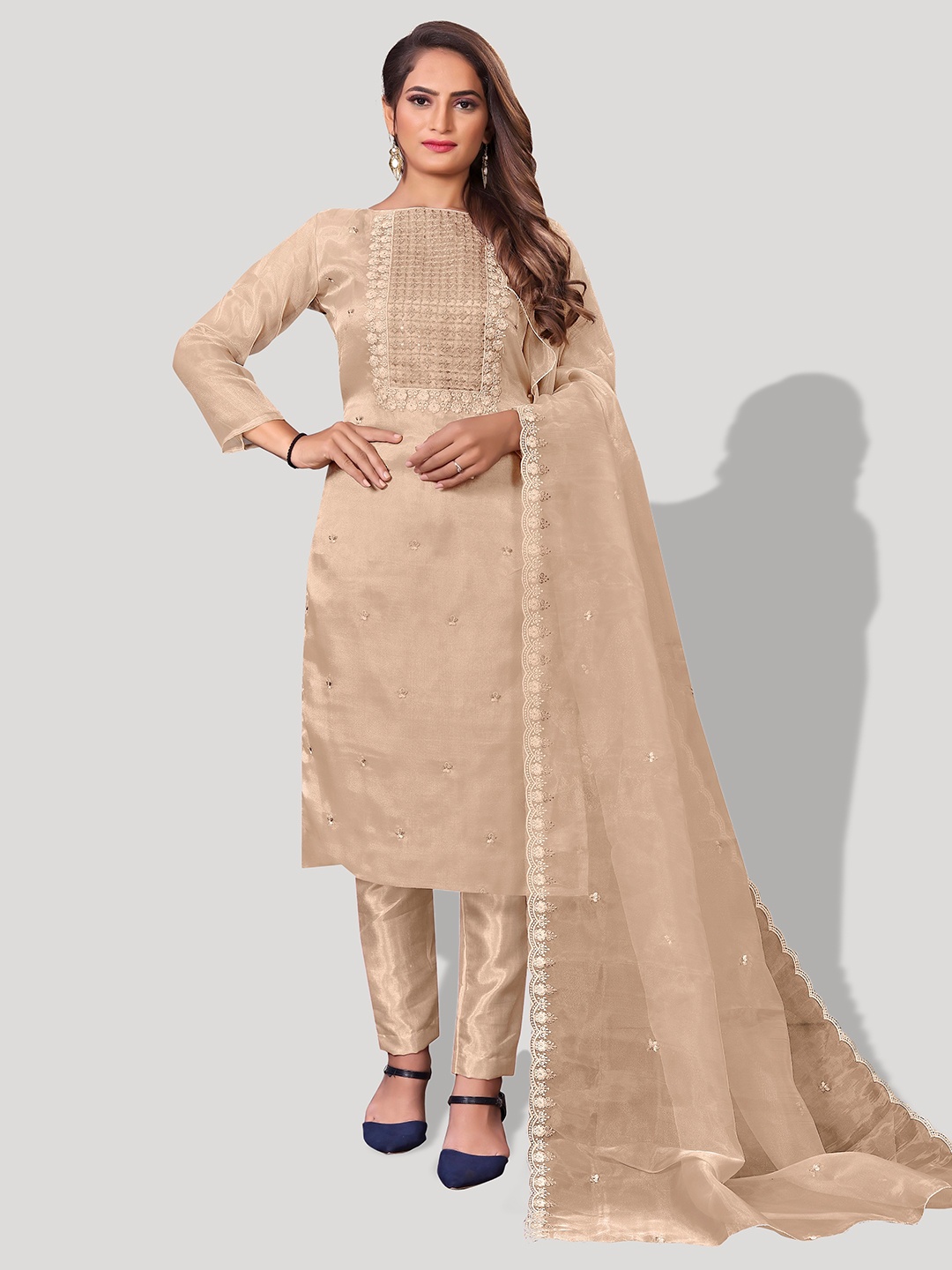 

Fashion FRICKS Floral Embroidered Organza Unstitched Dress Material, Cream